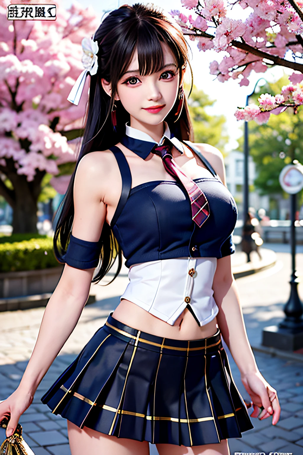 masterpiece, best quality, full body, 1girl, bangs, black choker, black necktie, blonde hair, blue skirt, blush, bracelet, breasts, choker, clothes around waist, collarbone, collared shirt, cowboy shot, dress shirt, ear piercing, eyebrows visible through hair, gradient hair, grin, gyaru, jewelry, kogal, long hair, looking at viewer, loose necktie, necktie, piercing, plaid, plaid skirt, pleated skirt, red eyes, ring, school uniform, shirt, skirt, smile, solo, white shirt, street, sky, cherry blossoms, petals,illustration, (magazine:1.3), (cover-style:1.3), fashionable, woman, vibrant, outfit, posing, front, colorful, dynamic, background, elements, confident, expression, holding, statement, accessory, majestic, coiled, around, touch, scene, text, cover, bold, attention-grabbing, title, stylish, font, catchy, headline, larger, striking, modern, trendy, focus, fashion,