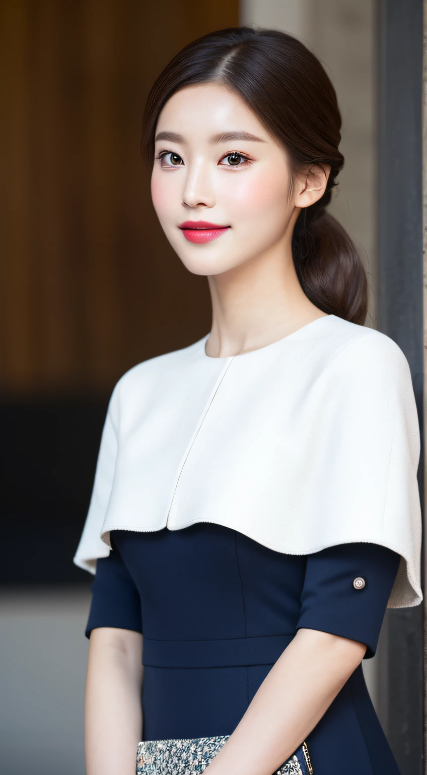 (A Korean woman), 1girl, realism, ((best quality, 8k, masterpiece: 1.3)), Nikon camera, camera aperture F1.2, photo texture, soft light, fine skin texture, fine fabric texture, fine eyelashes, long eyelashes, an elegant dress, such as a black or dark blue slim dress, paired with a pair of mid-heeled heels, can enhance the temperament. Wear it with a simple cropped jacket for added layers and professionalism. With a simple and elegant handbag, it looks more decent. Hairstyle can choose simple and neat low ponytail or smart middle straight hair, hair color should choose natural brown or black, skin tone should choose natural base makeup, with light color eyeshadow and lipstick, look more decent and delicate, (snow white skin), whiten skin, smile