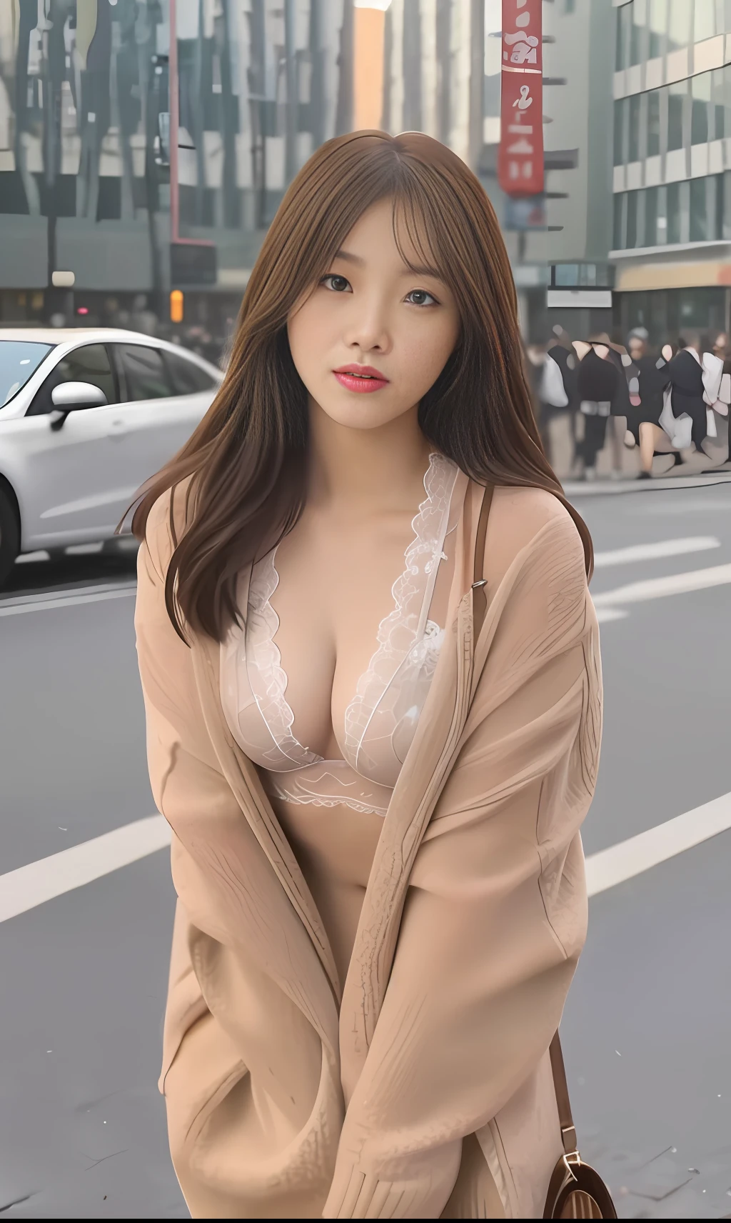 Best quality, masterpiece, (realism: 1.2), (lens 135mm f1.8, core shadow, cinematic light, dynamic light, particle light, dramatic light: 1.1) (high resolution, octane rendering, ultra-detailed ray tracing, 8k: 1.2) 1 girl, Eurasian mixed, shy introverted expression, colorful hair, brown eyes, front, perfect slightly fat body, delicate face, beautiful eyes, full body, long legs, exquisite embroidered lingerie, lively street, crowds