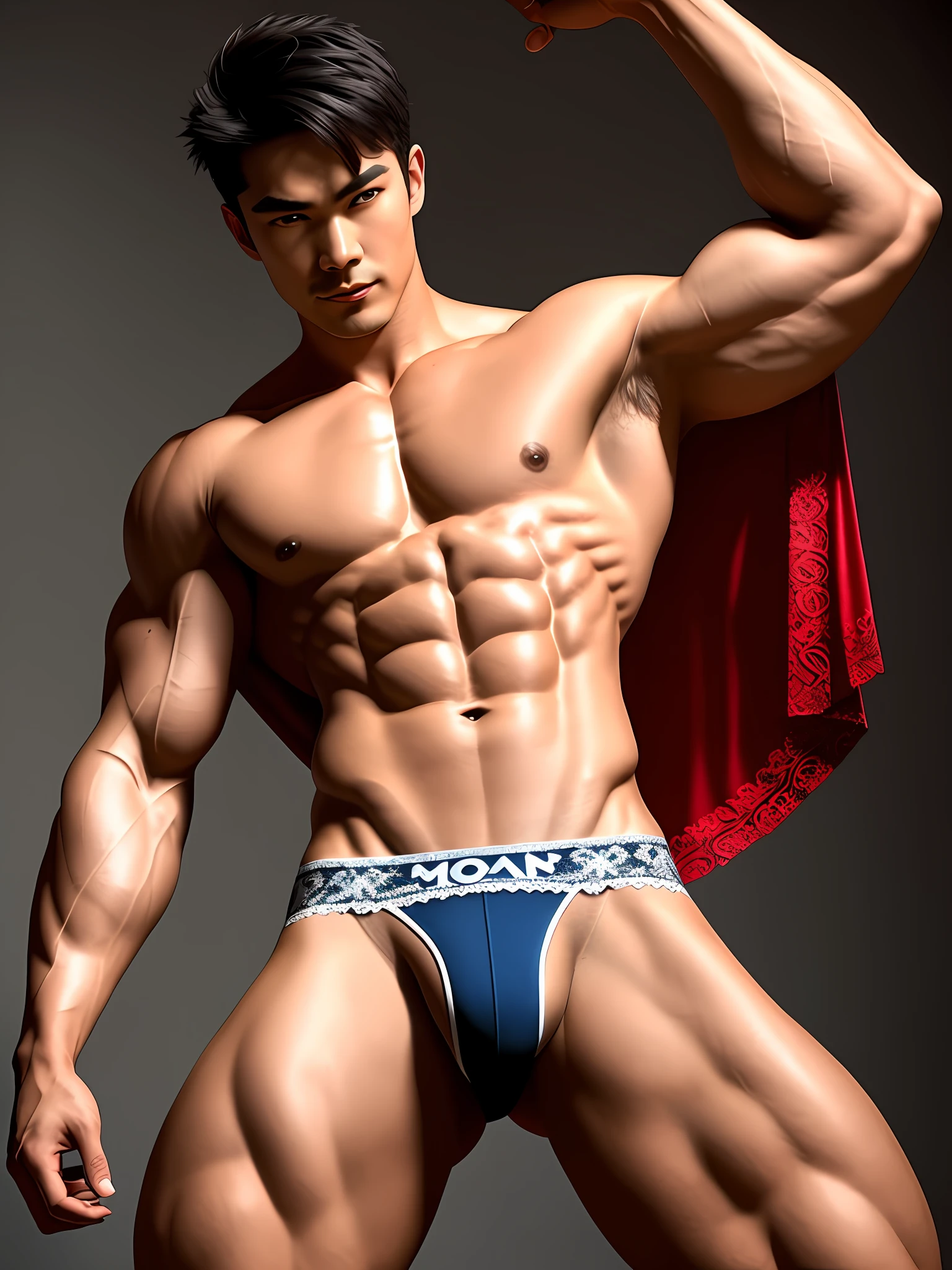 Man male muscular Chinese model, thor god of thunder, brave face. Thin mustache. Demon hero underwear and tank top with lace, Alexander Cavagnola, posing with legs pointed upwards, his bulge, long stockings of detailed lace. Detailed soft and shiny skin. showing armpits with detailed hair. Professional photography with 3 flash, detailed resolution