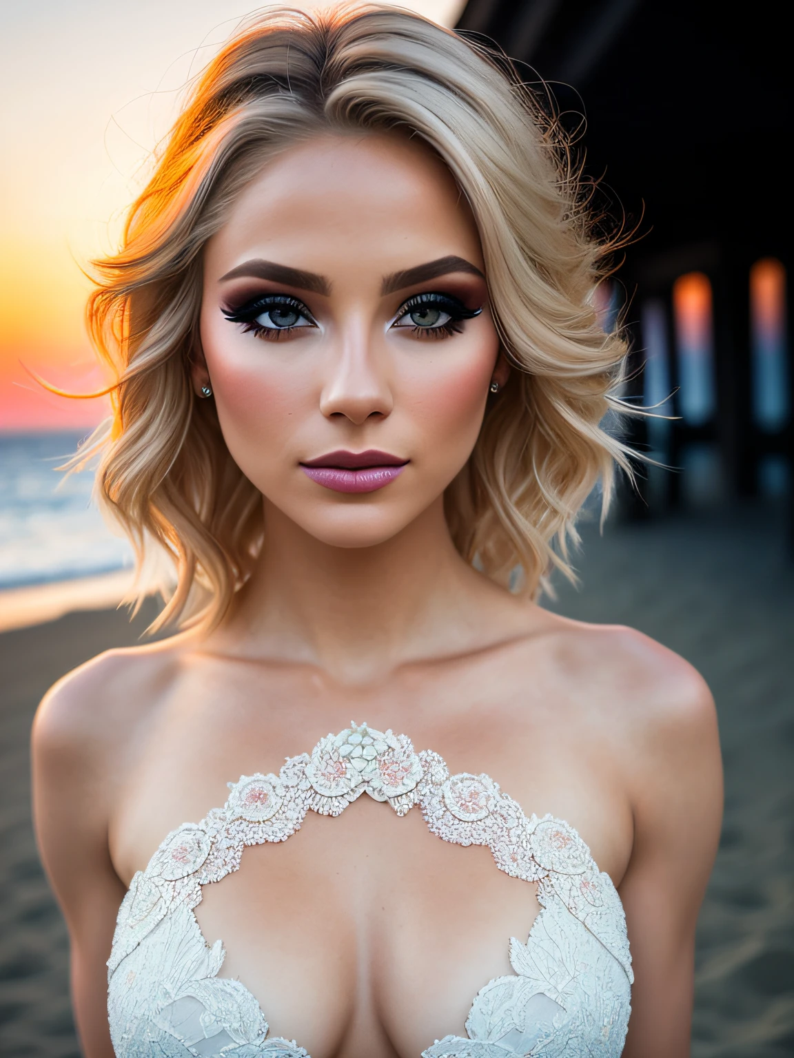 a portrait of a blonde, (makeup:1.4), amazing body, (fit body:1.2), lace outfit, highly detailed hair, natural skin texture, 4k textures, detailed belly, highly detailed perfect smooth skin, lightroom, intricate, ultra-realistic, outside, (hdr:1.3), uhd, (intricate details, hyperdetailed:1.1), cinematic, photo-real, (dark shot:1.2), dramatic, high contrast, (warm colors:1.1), muted colors, masterpiece, elegant, sharp focus, beach sunset