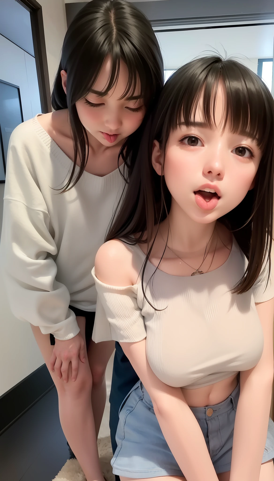 An old man and a teenage girl kiss each other in one room, cute kiss together, old man and teenage girl kiss together, old man and teenage couple kiss, a young japanese girl kisses old man, long hair bare shoulder and navel bare back, miniskirt big long legs, stock photo, tongue licking