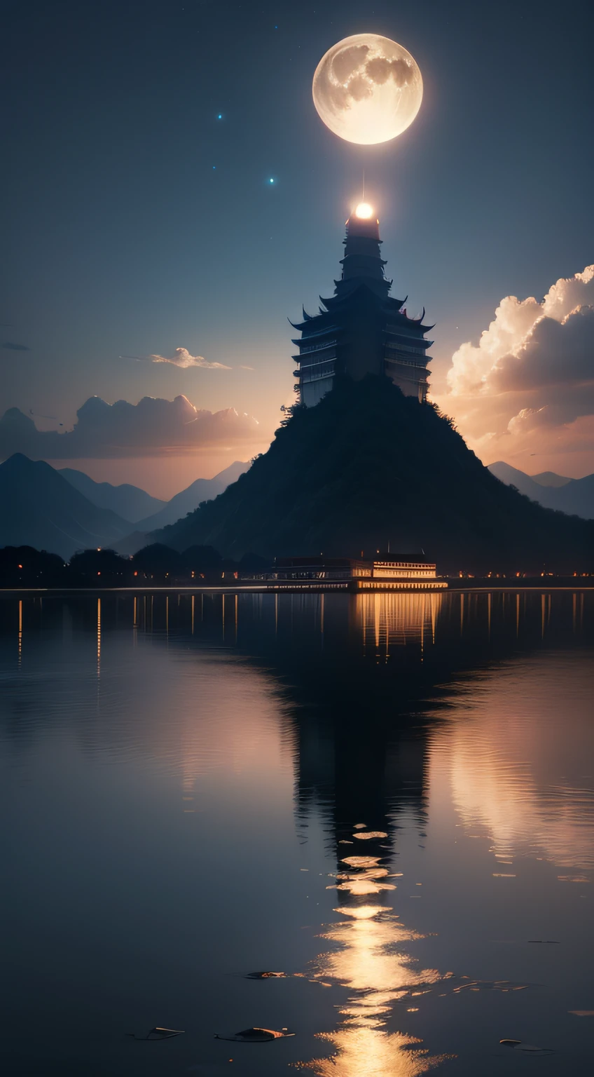 The bright moon hangs high in front of Mount Emei, reflecting the clear water of the Tsing Yi River HD picture size 1920 high and 1080 wide