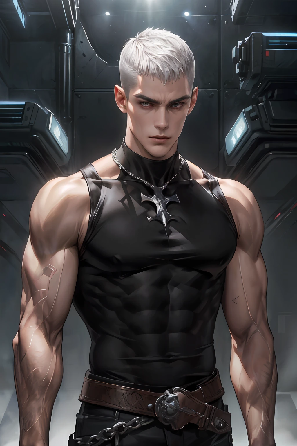 masterpiece, 1male, handsome, tall muscular face, ((POV)), adult, male, murderous, standing still, ((solo)), (forehead), (buzzcut + topcut), short bangs, hair between eyes, voluminous short hair, silver hair, handsome, serious, silver eyes, ((sleeveless black blouse)), wide trapeze, bare shoulder, square chin, ((black cover with broxe)), (muscular), (muscular arm:1.3), dark fantasy, syberpunk, sci-fi ((ultra detailed face, cinematic, ultra detailed, concept art, illustration 4d, 16k)), dynamic lighting, ultra quality, 4K, realistic models.