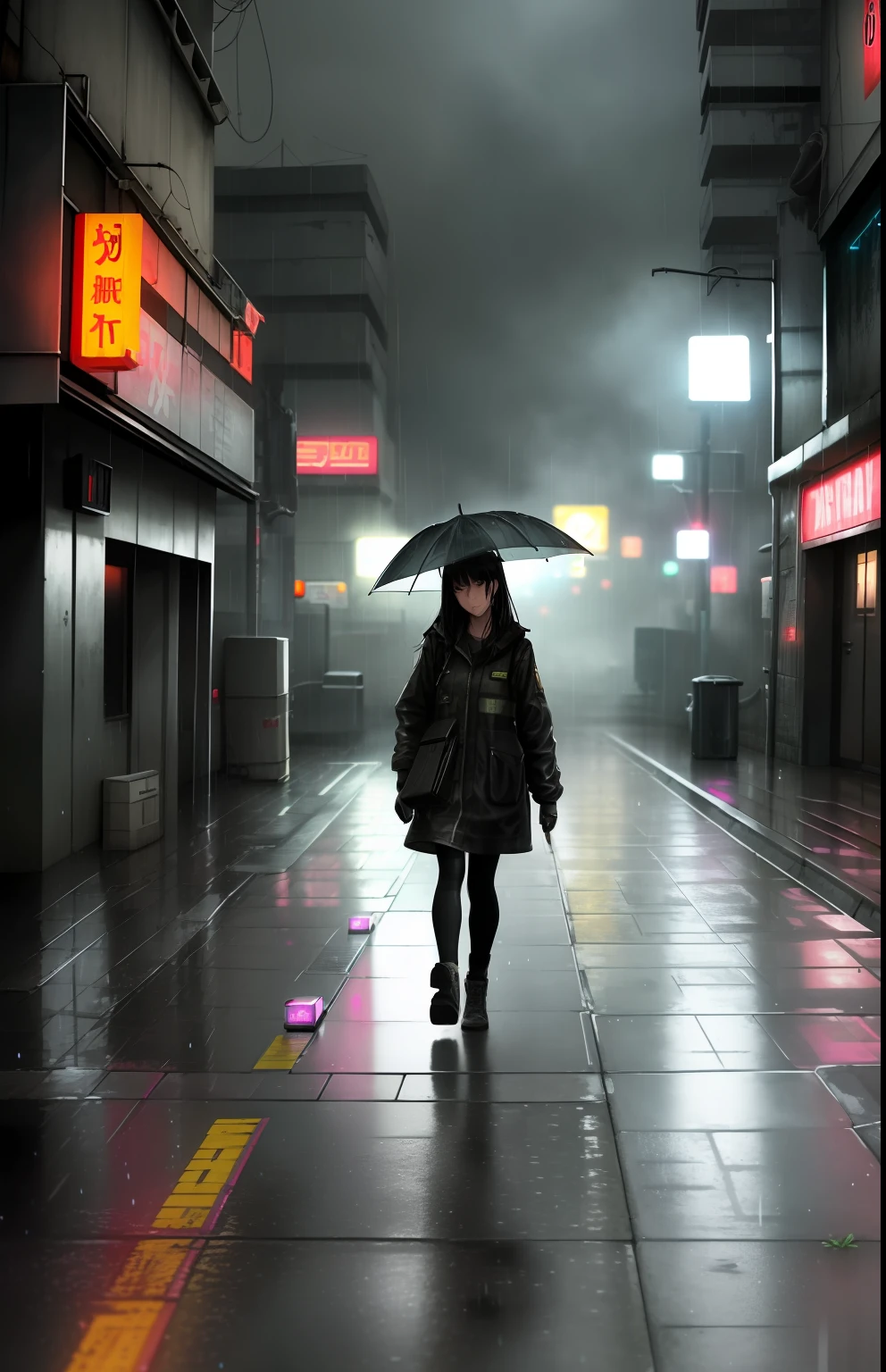(best quality, incredibly detailed art), futuristic background, rainy night, dirty and wet ground, night atmosphere, dirty and dilapidated cement square, light lanterns, dense fog, thrown boxes, trash on the floor, big neon signs, (1 person) walking in the rain, dark clothes, long dark hair, look to the side, suspense atmosphere