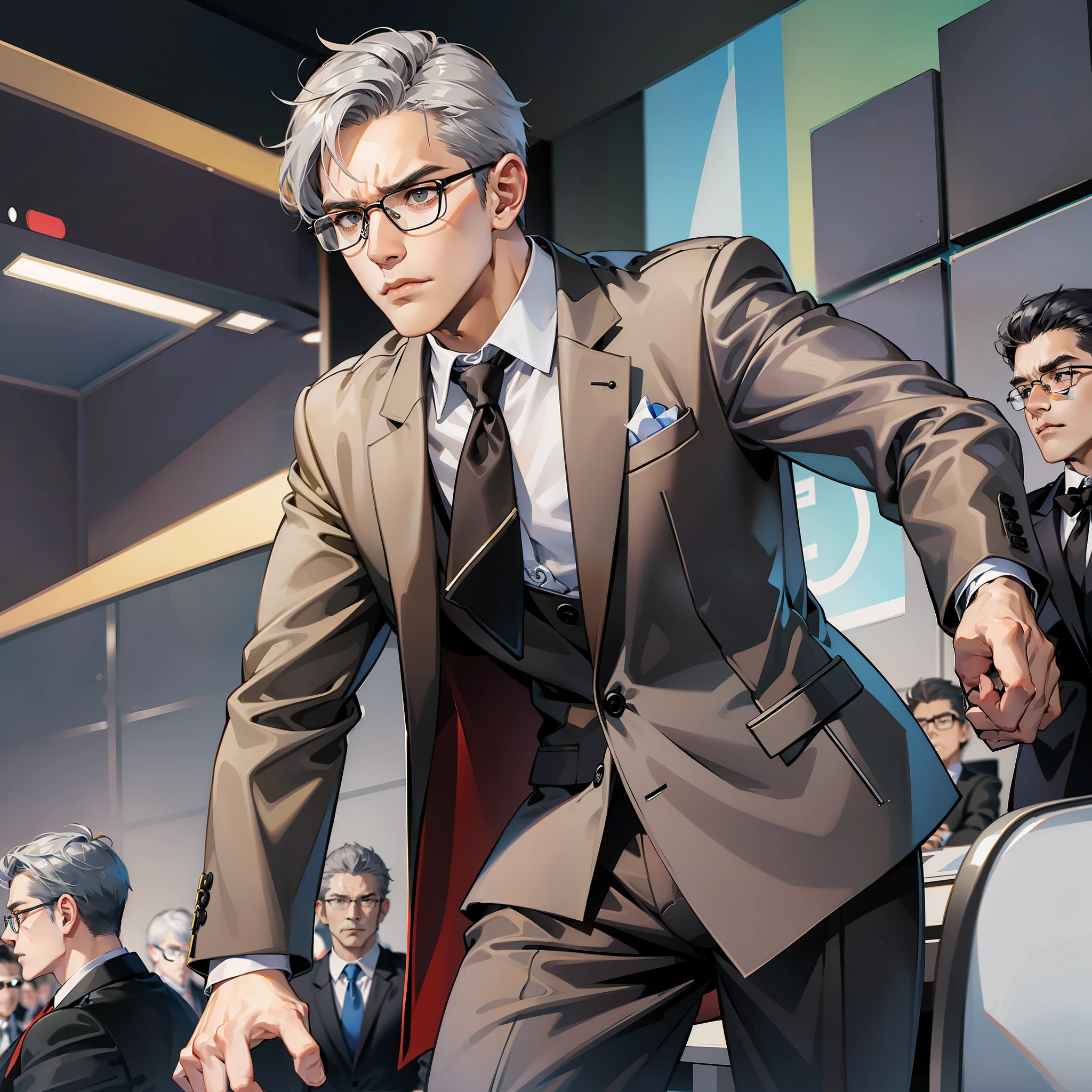 Older male, wrinkled, with glasses, suit, half-shot, angry, in the audience, single, gray hair