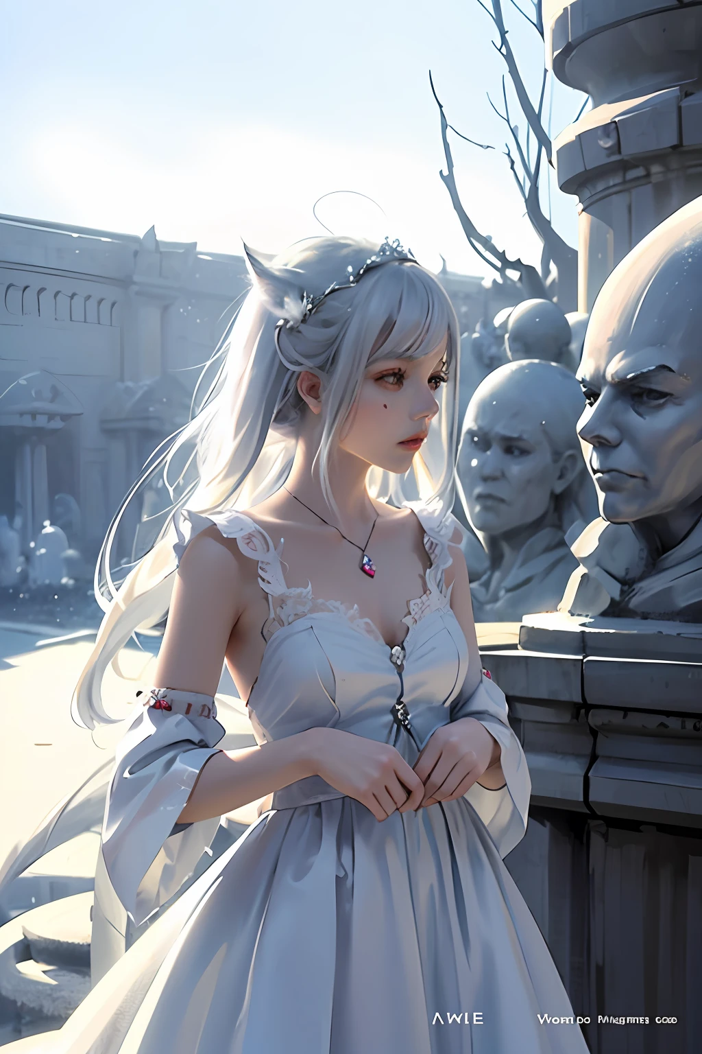 there is a woman with a white dress and a red rose in her hair, anime cosplay, anime girl cosplay, cosplay photo, anime style mixed with fujifilm, cosplay, white haired deity, a beautiful kitsune woman, cosplayer, white cat girl, girl silver hair, nekomimi, anime girl in real life, ayaka cosplay, white hime cut hairstyle