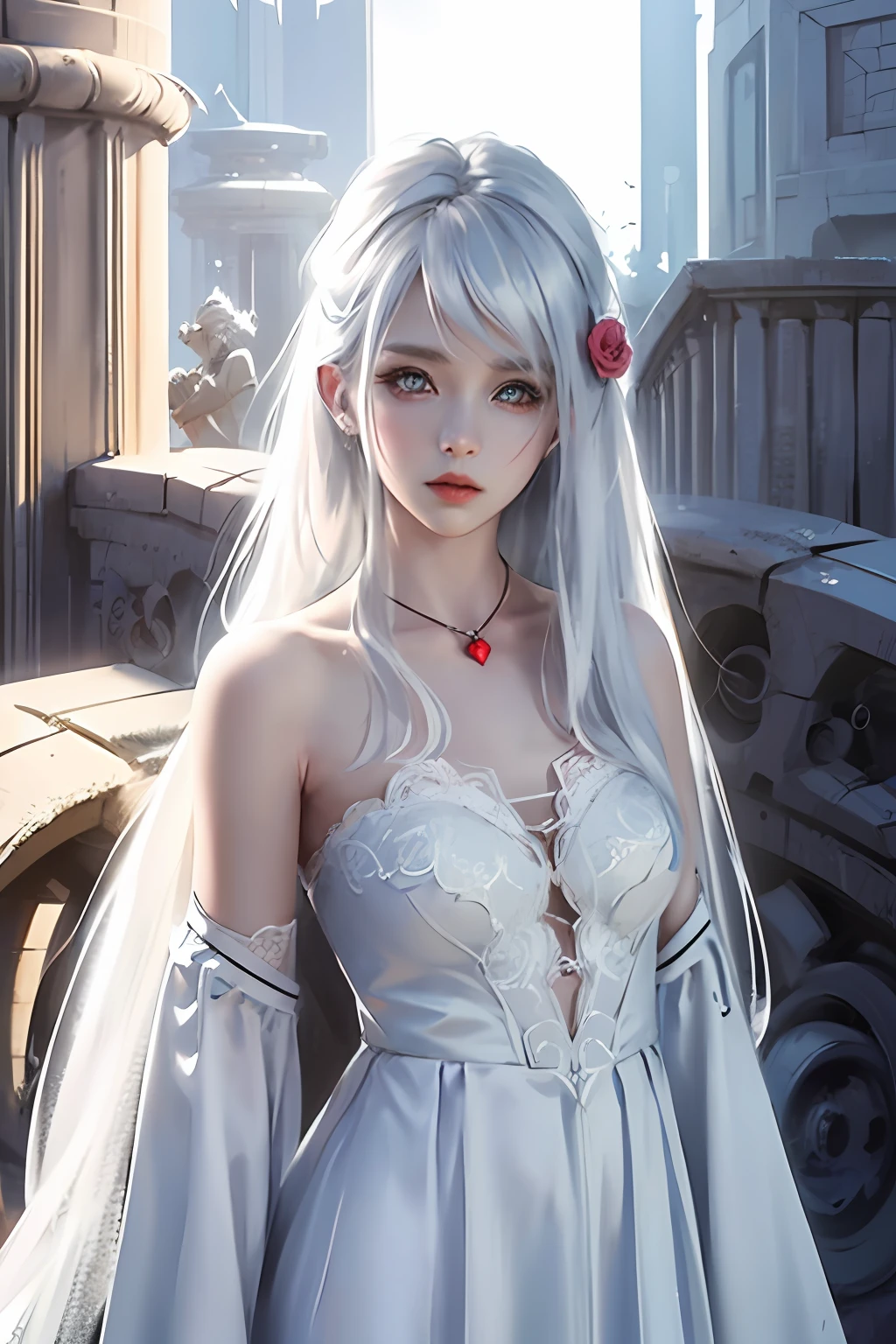 there is a woman with a white dress and a red rose in her hair, anime cosplay, anime girl cosplay, cosplay photo, anime style mixed with fujifilm, cosplay, white haired deity, a beautiful kitsune woman, cosplayer, white cat girl, girl silver hair, nekomimi, anime girl in real life, ayaka cosplay, white hime cut hairstyle