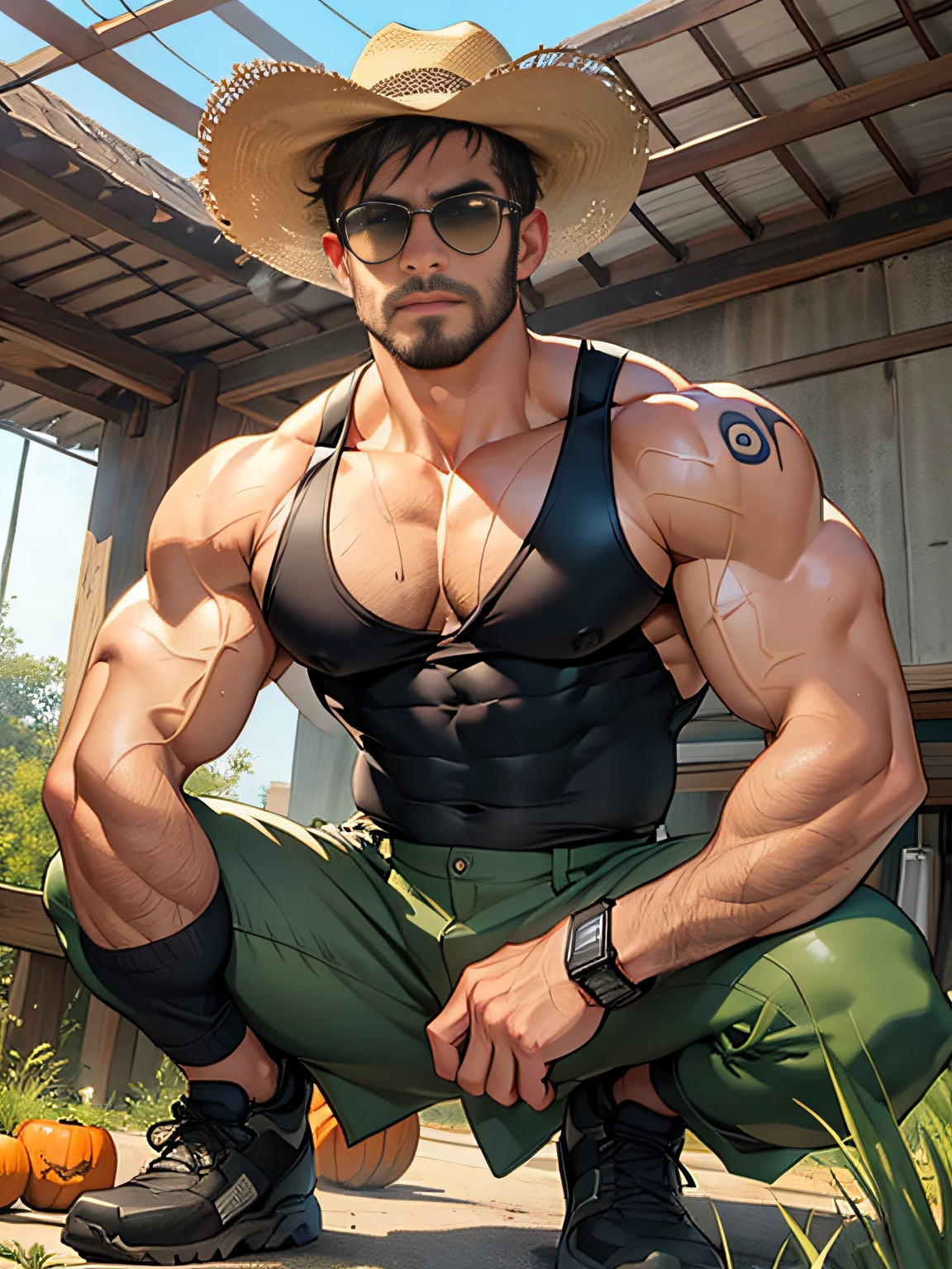 30 years old, big eyes, Chinese male, stubble, white inch, huge muscles, exaggerated muscles, mature man, muscle swelling, bodybuilding, pectoral muscles, abs, in a pumpkin field, plenty of pumpkin, tank top, cargo pants, martin boots, natural light, cowboy hat, hoe, wet body, wheat-colored skin, 1man, tattoo on forearm, squatting position, reflective sunglasses