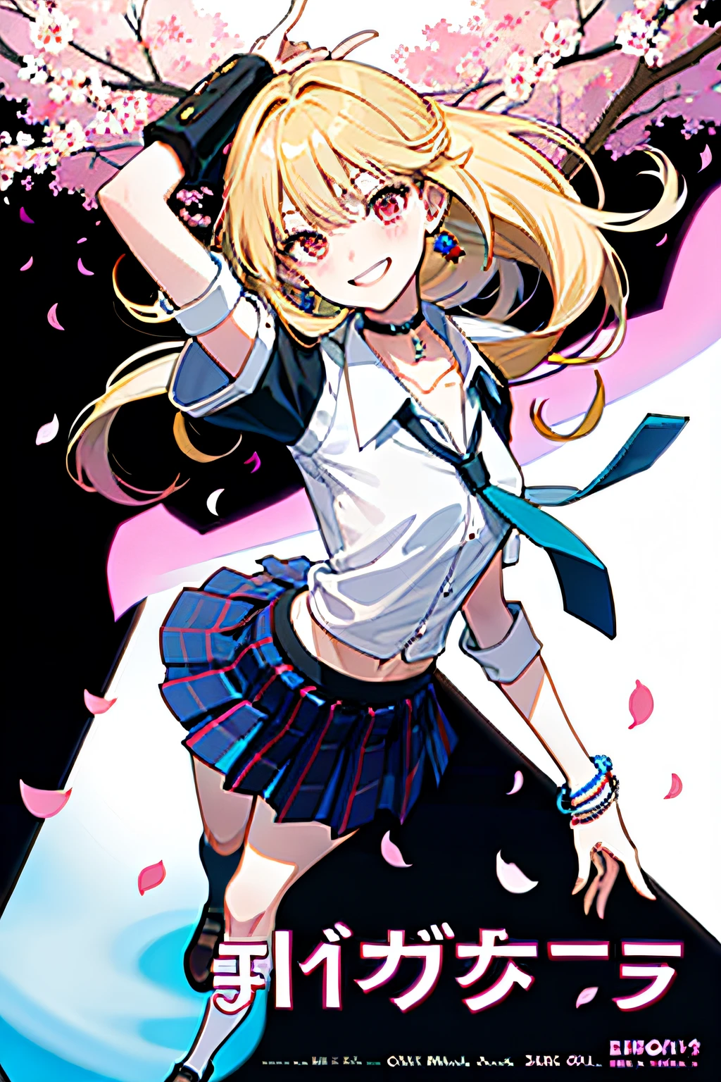 22 years old, super smile, realistic depiction, dancing pose, peace, masterpiece, top quality, full body, one woman, bangs, black choker, black tie, blonde, blue skirt, blush, bracelet, chest, choker, clothes around the waist, collarbone, collared shirt, cowboy shot, dress shirt, ear piercing, eyebrows visible from hair, gradient hair, grinning, gal, jewelry, kogal, long hair, viewer's gaze, loose tie, tie, earring, plaid, plaid skirt, pleated skirt, red eye, ring, school uniform, shirt, skirt, smile, solo, white shirt, street, sky, cherry blossom, petal, illustration, (magazine: 1.3), (cover style: 1.3), fashionable, woman, cheerful, outfit, pose, frontal, colorful, dynamic, background, element, confident, expression, holding, statement, accessory, majestic, coiled, around, touch, scene, text, cover, bold, attention, title, stylish, font, catchy, headline, big, impressive, modern, trendy, focus, fashion,