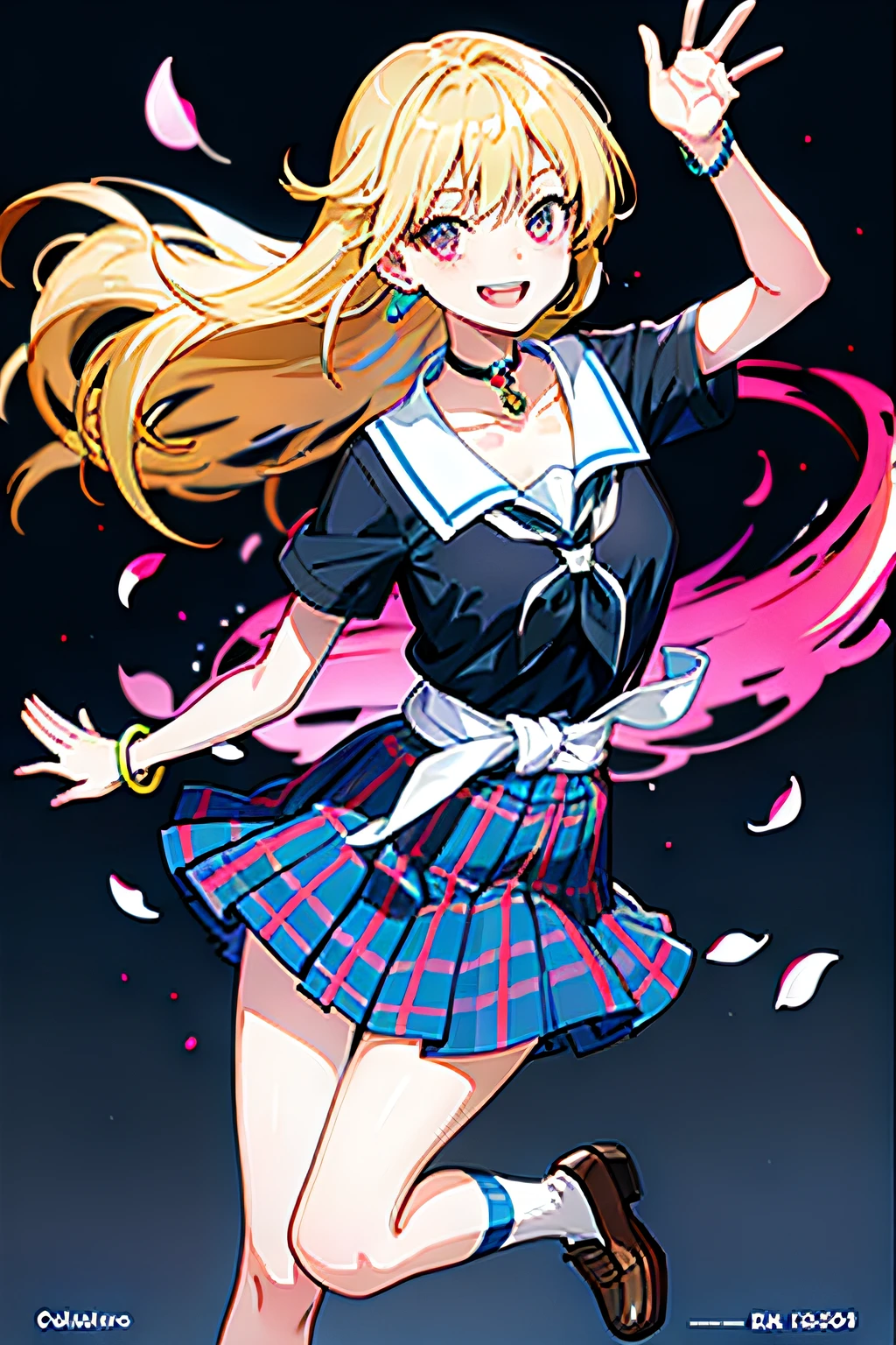 22 years old, super smile, realistic depiction, dancing pose, peace, masterpiece, top quality, full body, one woman, bangs, black choker, black tie, blonde, blue skirt, blush, bracelet, chest, choker, clothes around the waist, collarbone, collared shirt, cowboy shot, dress shirt, ear piercing, eyebrows visible from hair, gradient hair, grinning, gal, jewelry, kogal, long hair, viewer's gaze, loose tie, tie, earring, plaid, plaid skirt, pleated skirt, red eye, ring, school uniform, shirt, skirt, smile, solo, white shirt, street, sky, cherry blossom, petal, illustration, (magazine: 1.3), (cover style: 1.3), fashionable, woman, cheerful, outfit, pose, frontal, colorful, dynamic, background, element, confident, expression, holding, statement, accessory, majestic, coiled, around, touch, scene, text, cover, bold, attention, title, stylish, font, catchy, headline, big, impressive, modern, trendy, focus, fashion,