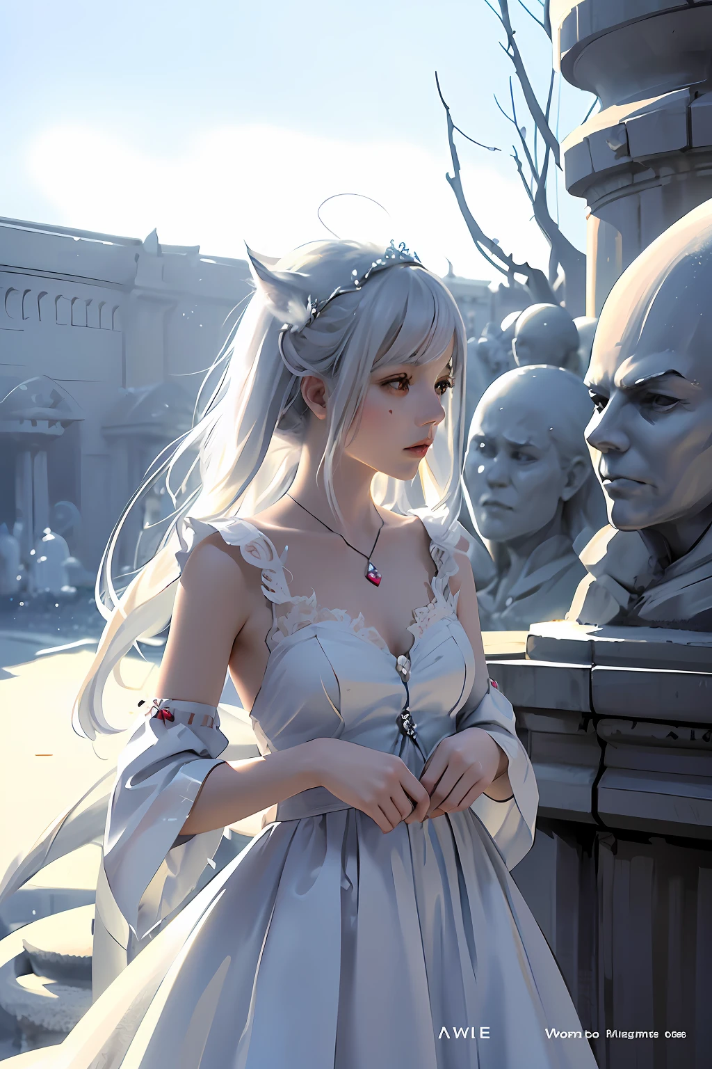 there is a woman with a white dress and a red rose in her hair, anime cosplay, anime girl cosplay, cosplay photo, anime style mixed with fujifilm, cosplay, white haired deity, a beautiful kitsune woman, cosplayer, white cat girl, girl silver hair, nekomimi, anime girl in real life, ayaka cosplay, white hime cut hairstyle