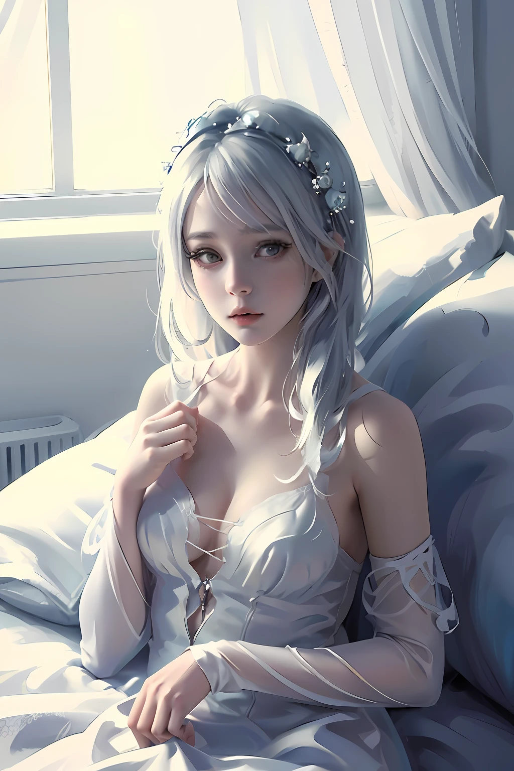 there is a woman with a white dress and a red rose in her hair, anime cosplay, anime girl cosplay, cosplay photo, anime style mixed with fujifilm, cosplay, white haired deity, a beautiful kitsune woman, cosplayer, white cat girl, girl silver hair, nekomimi, anime girl in real life, ayaka cosplay, white hime cut hairstyle