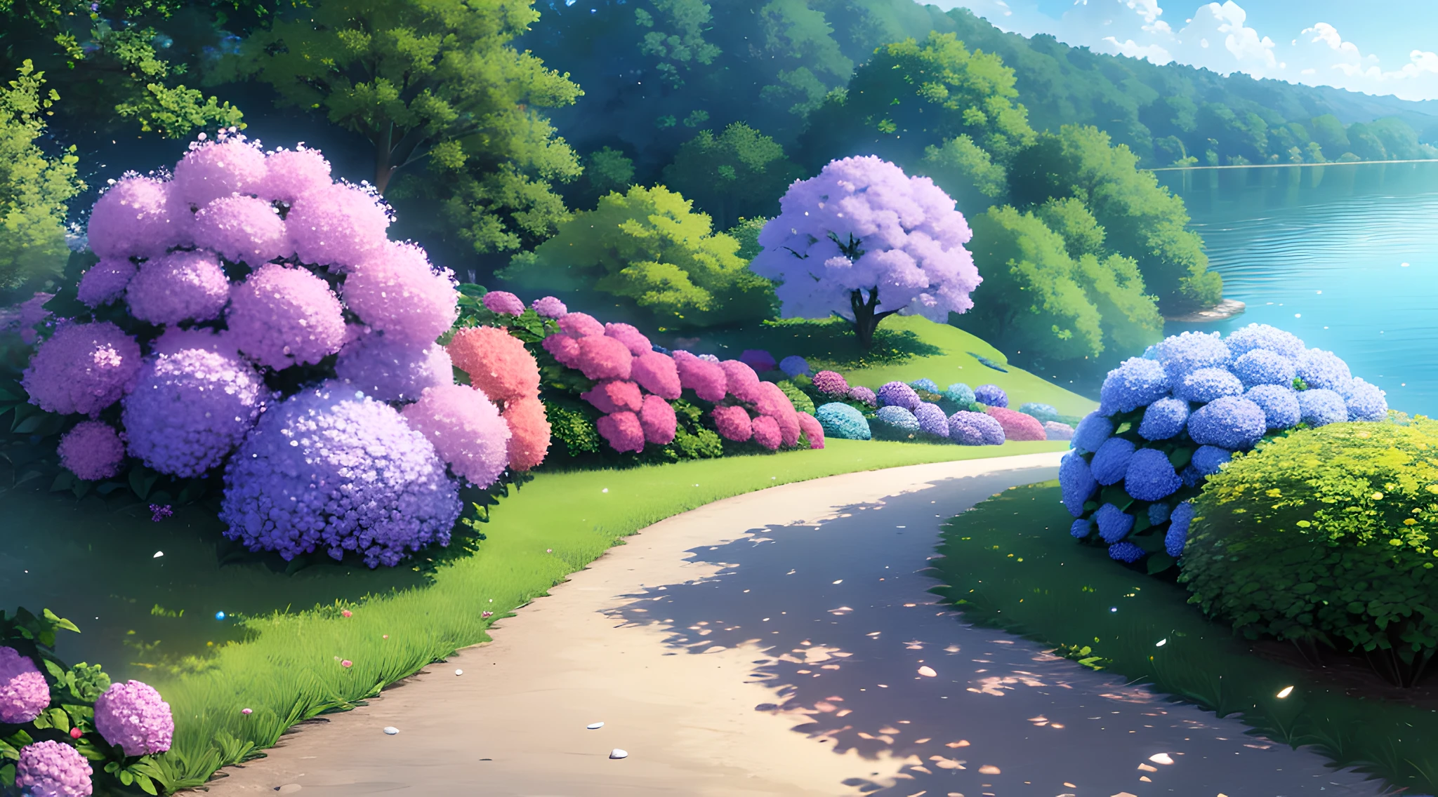 Hydrangeas, park, lake, small hill, pebble path,anime, masterpiece, best quality, anatomically correct, high details, 8K, wallpaper