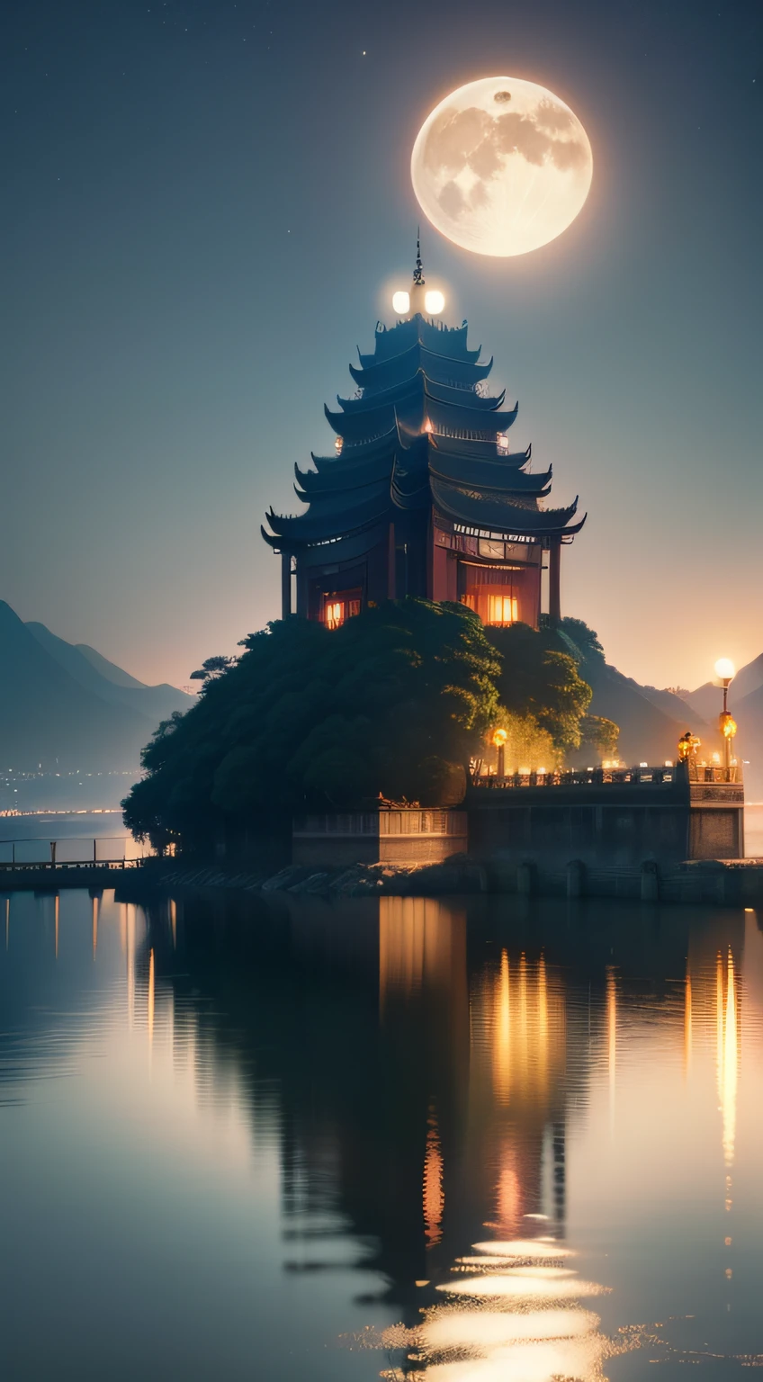 The bright moon hangs high in front of Mount Emei, reflecting the clear water of the Tsing Yi River HD picture size 1920 high and 1080 wide