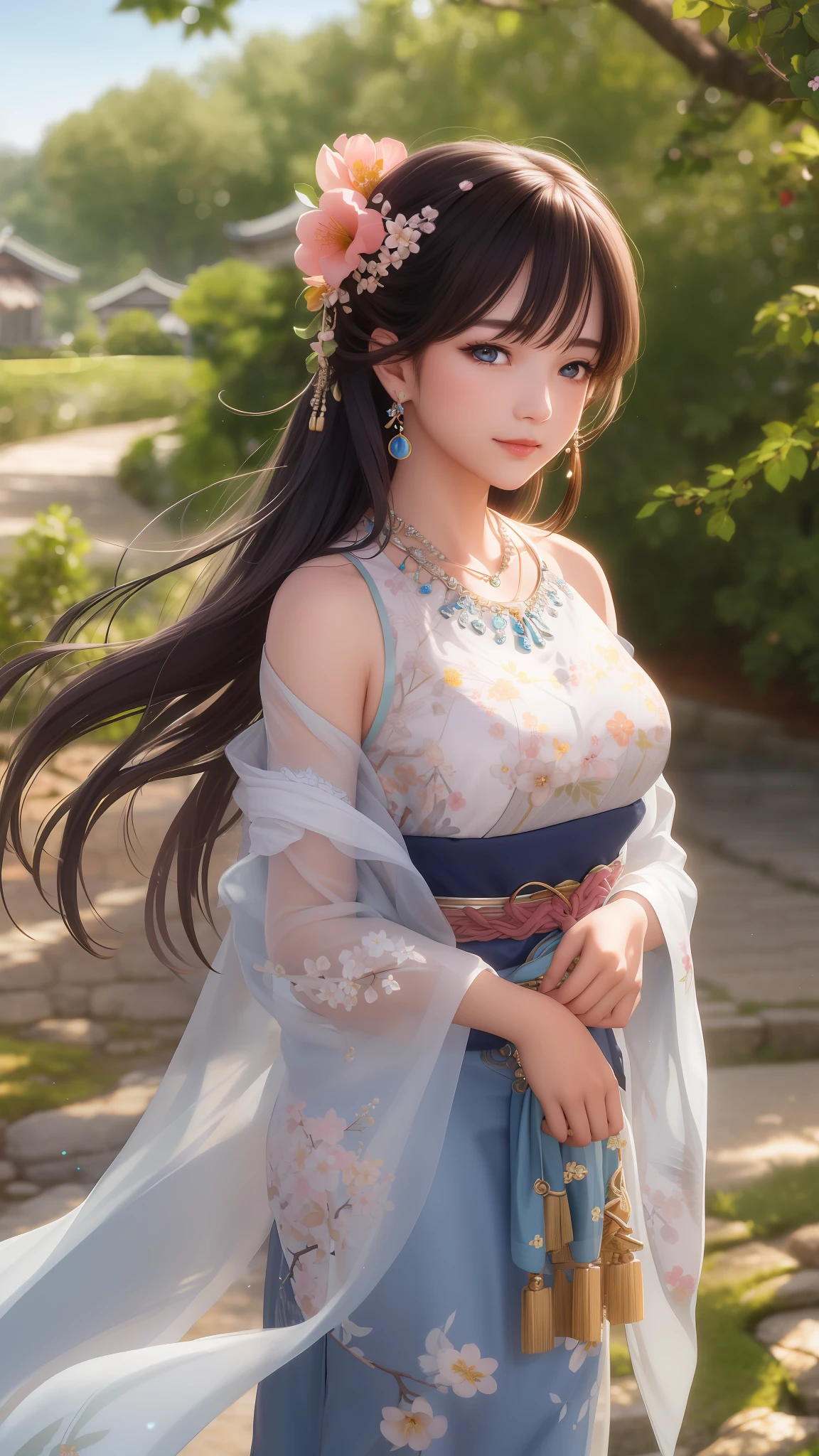 (masterpiece), (best quality), (ultra detailed),(highres), abrudrres, ultra realistic 4k CG, delicate pattern, intricate details, best illumination, best shadow, natural lighting, depth of field, blurry, 1girl, solo, medium_breasts,necklace,earrings,jewelry,black hair,solo,earrings,blue eyes,long hair,necklace,smile,hair accessories,shining skin,denim photo,Hanfu,floating hair,peach blossom,plum blossom,trees,outdoors,