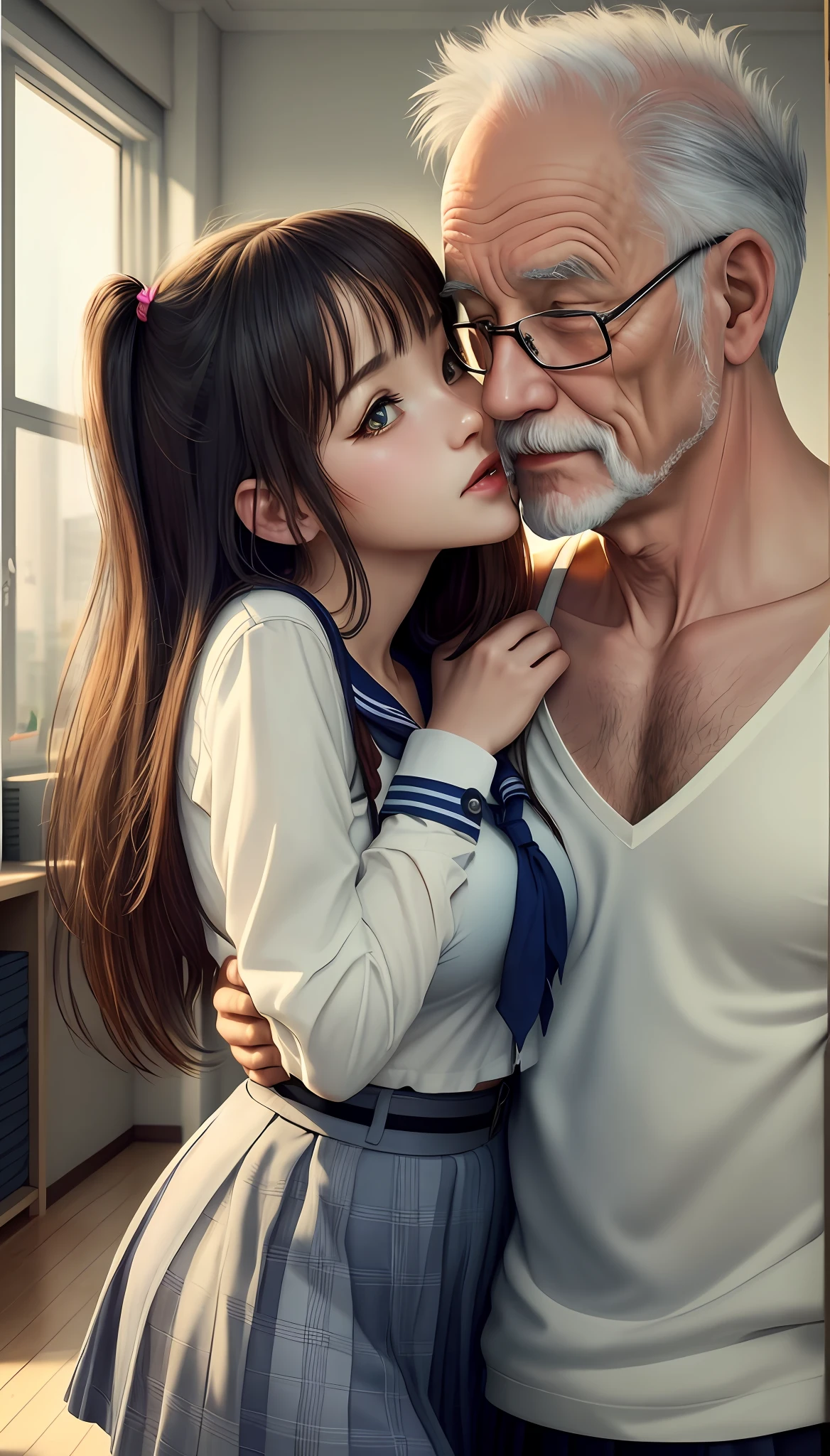 An old man and a age girl in a room, old man and sailor girl kissing another, big-breasted realistic schoolgirl, surreal schoolgirl, popular on CGSTATION, smooth anime CG art, cute kissing together