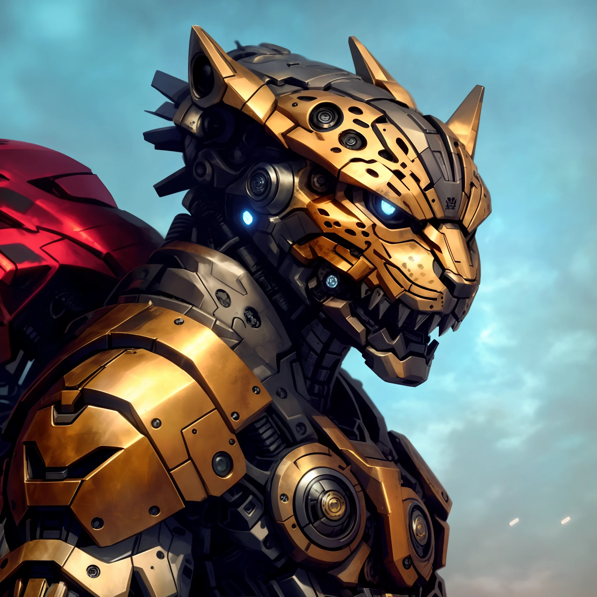 Yorkshire Terrier (robot) leopard as a doomsday killer, realistic sci-fi power armored robot, mecha, half-body, complex mechanical structure and line dew, metallic texture, close-up portrait, leopard head machine body