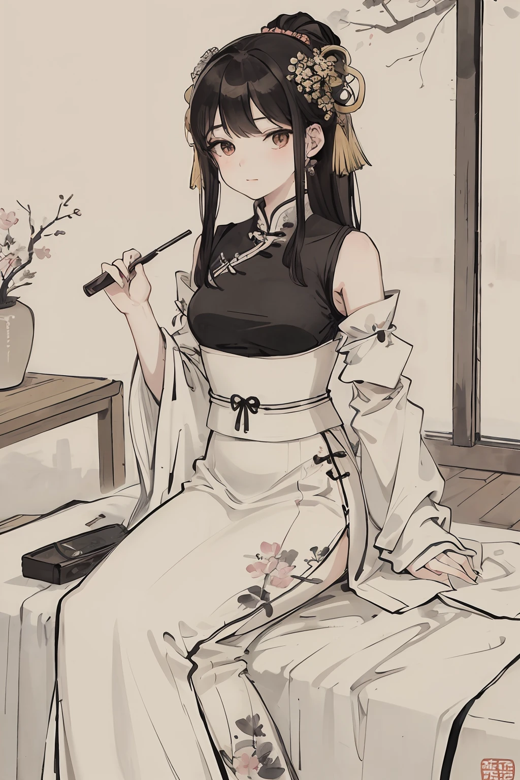 (masterpiece, best quality: 1.2), traditional Chinese ink painting, A cute 18 year old female with medium  breasts, Oversized dress :1.2, Couch, Ultra-detailed face, Detailed eyes, Double eyelid, sfw , long dress