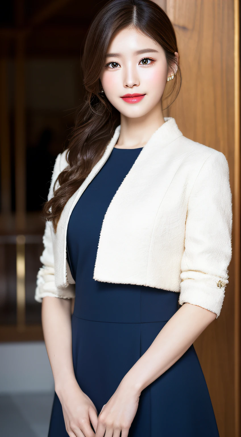 (A Korean woman), 1girl, realism, ((best quality, 8k, masterpiece: 1.3)), Nikon camera, camera aperture F1.2, photo texture, soft light, fine skin texture, fine fabric texture, fine eyelashes, long eyelashes, an elegant dress, such as a black or dark blue slim dress, paired with a pair of mid-heeled heels, can enhance the temperament. Wear it with a simple cropped jacket for added layers and professionalism. With a simple and elegant handbag, it looks more decent. Hairstyle can choose simple and neat low ponytail or smart middle straight hair, hair color should choose natural brown or black, skin tone should choose natural base makeup, with light color eyeshadow and lipstick, look more decent and delicate, (snow white skin), whiten skin, smile