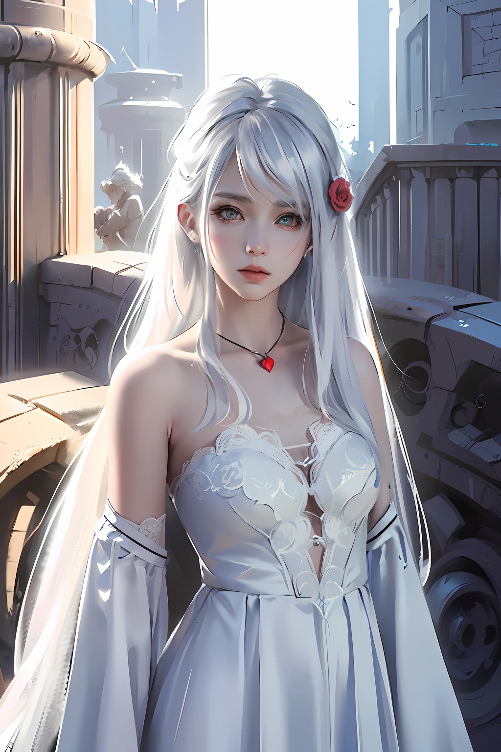 there is a woman with a white dress and a red rose in her hair, anime cosplay, anime girl cosplay, cosplay photo, anime style mixed with fujifilm, cosplay, white haired deity, a beautiful kitsune woman, cosplayer, white cat girl, girl silver hair, nekomimi, anime girl in real life, ayaka cosplay, white hime cut hairstyle