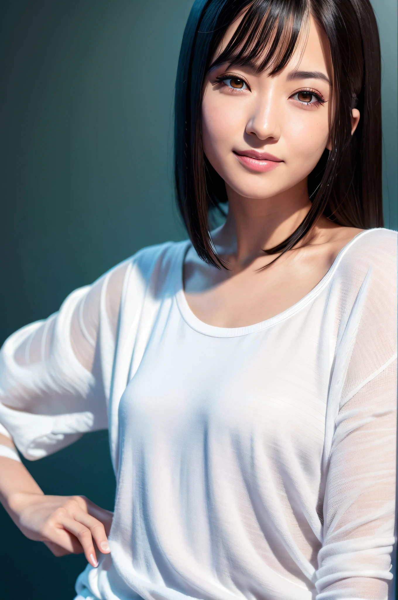 Japan person, female teacher, smile, dark eyes, Instagram (photorealistic, high resolution: 1.4), black hair, small face, short hair, staring viewer, face close-up (8k, RAW photo, best quality, masterpiece: 1.2), (realistic, photorealistic): 1.37), (sharp focus: 1.2), professional lighting, photon mapping, Radiosity, Physically Based Rendering, (White Skin: 1.2), Viewer's Gaze, (Middle Hair: 1.5), Bangs, Solo, Realistic, Top Quality, Glossy Skin, Makeup, Smile, Female Teacher, Background Blackboard, Background Classroom, Big Eyes,