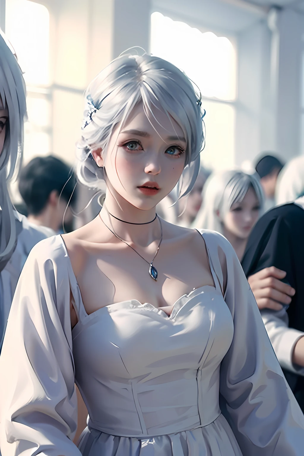 there is a woman with a white dress and a red rose in her hair, anime cosplay, anime girl cosplay, cosplay photo, anime style mixed with fujifilm, cosplay, white haired deity, a beautiful kitsune woman, cosplayer, white cat girl, girl silver hair, nekomimi, anime girl in real life, ayaka cosplay, white hime cut hairstyle