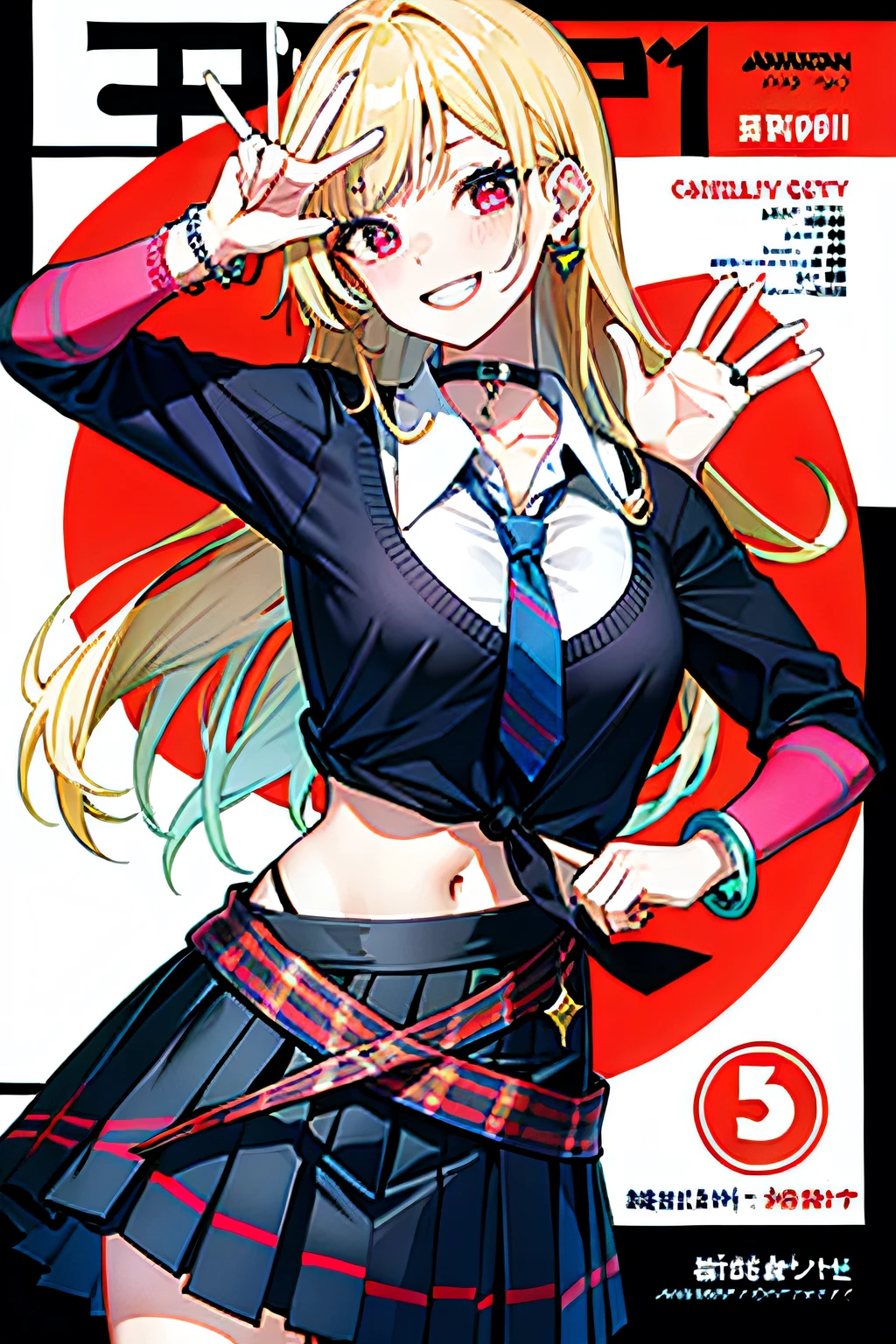22 years old, super smile, realistic depiction, dancing pose, calendar in background, peace, masterpiece, top quality, full body, one woman, bangs, black choker, black tie, blonde, blue skirt, blush, bracelet, chest, choker, clothes around the waist, collarbone, collared shirt, cowboy shot, dress shirt, ear piercing, eyebrows visible through hair, gradient hair, grinning, gal, jewelry, Kogal, Long Hair, Viewer's Gaze, Loose Tie, Tie, Piercing, Plaid, Plaid Skirt, Pleated Skirt, Red Eye, Ring, School Uniform, Shirt, Skirt, Smile, Solo, White Shirt, Street, Sky, Cherry Blossom, Petal, Illustration, (Magazine: 1.3), (Cover Style: 1.3), Fashionable, Woman, Cheerful, Outfit, Pose, Frontal, Colorful, Dynamic, Background Elements, Confident, Expression, Holding, Statement, Accessory, Majestic, Coiled, Around, Touch, Scene, Text, Cover, Bold, Attention, Title, Stylish, Font, Catchy, Headline, Big, Impressive, Modern, Trendy, Focus, Fashion,