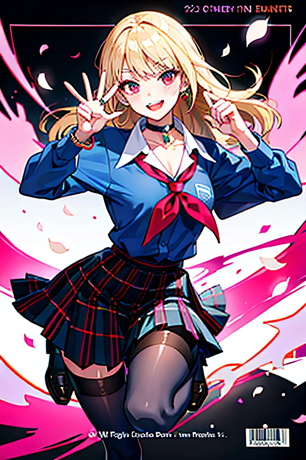 22 years old, super smile, realistic depiction, dancing pose, calendar in background, peace, masterpiece, top quality, full body, one woman, bangs, black choker, black tie, blonde, blue skirt, blush, bracelet, chest, choker, clothes around the waist, collarbone, collared shirt, cowboy shot, dress shirt, ear piercing, eyebrows visible through hair, gradient hair, grinning, gal, jewelry, Kogal, Long Hair, Viewer's Gaze, Loose Tie, Tie, Piercing, Plaid, Plaid Skirt, Pleated Skirt, Red Eye, Ring, School Uniform, Shirt, Skirt, Smile, Solo, White Shirt, Street, Sky, Cherry Blossom, Petal, Illustration, (Magazine: 1.3), (Cover Style: 1.3), Fashionable, Woman, Cheerful, Outfit, Pose, Frontal, Colorful, Dynamic, Background Elements, Confident, Expression, Holding, Statement, Accessory, Majestic, Coiled, Around, Touch, Scene, Text, Cover, Bold, Attention, Title, Stylish, Font, Catchy, Headline, Big, Impressive, Modern, Trendy, Focus, Fashion,