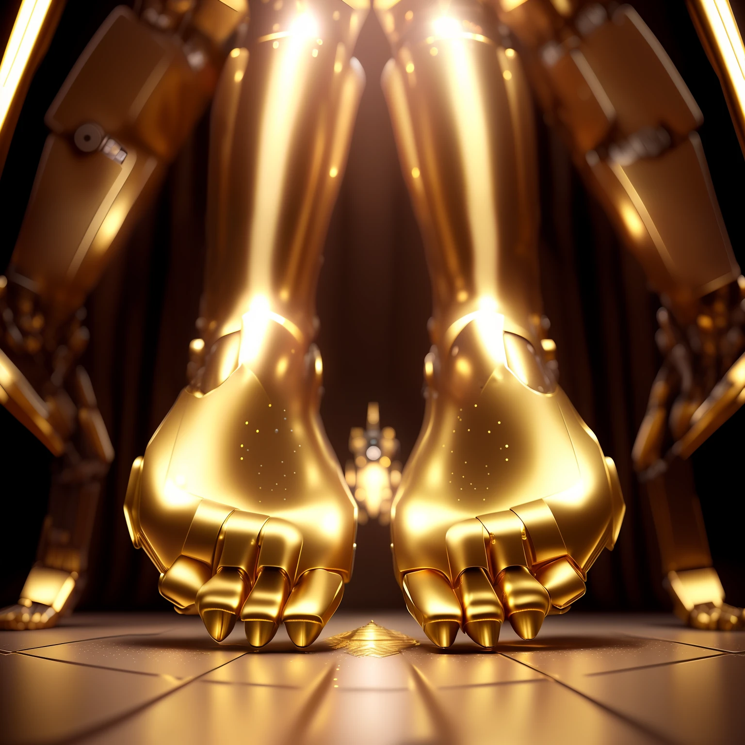 There are two golden feet, standing in aluminum foil, shiny gold, hooves, awarded. octane render, gold metal, draped in shiny golden oil, gold, feet, gold-plated, gilded body paint, realistic gold, (((((octane render, feet art, rendered in houdini, robot