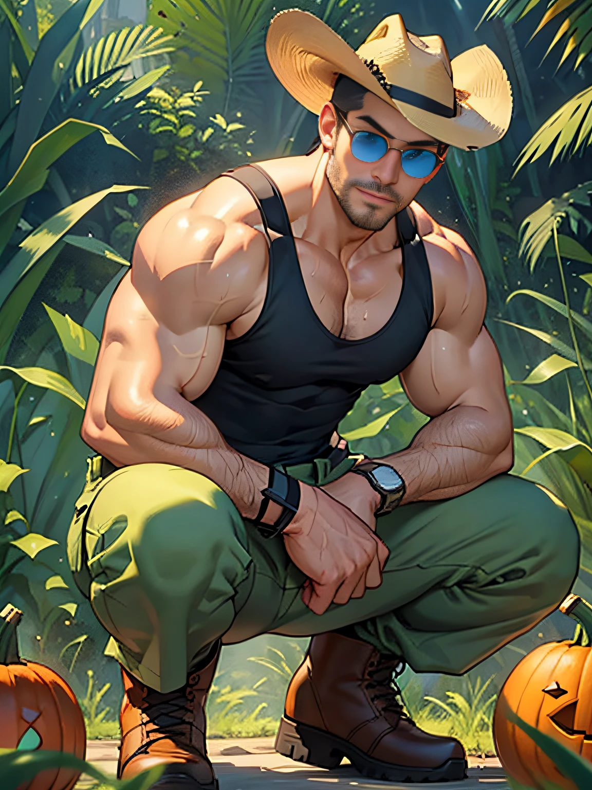 30 years old, big eyes, Chinese male, stubble, white inch, huge muscles, exaggerated muscles, mature man, muscle swelling, bodybuilding, pectoral muscles, abs, in a pumpkin field, plenty of pumpkin, tank top, cargo pants, martin boots, natural light, cowboy hat, hoe, wet body, wheat-colored skin, 1man, tattoo on forearm, squatting position, reflective sunglasses