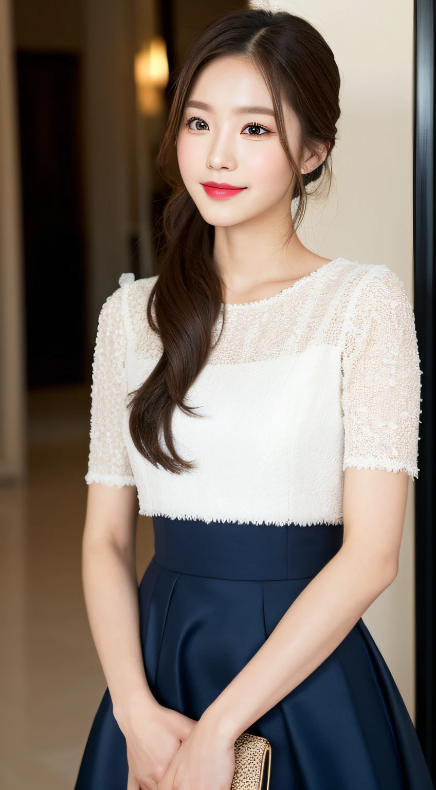 (A Korean woman), 1girl, realism, ((best quality, 8k, masterpiece: 1.3)), Nikon camera, camera aperture F1.2, photo texture, soft light, fine skin texture, fine fabric texture, fine eyelashes, long eyelashes, an elegant dress, such as a black or dark blue slim dress, paired with a pair of mid-heeled heels, can enhance the temperament. Wear it with a simple cropped jacket for added layers and professionalism. With a simple and elegant handbag, it looks more decent. Hairstyle can choose simple and neat low ponytail or smart middle straight hair, hair color should choose natural brown or black, skin tone should choose natural base makeup, with light color eyeshadow and lipstick, look more decent and delicate, (snow white skin), whiten skin, smile