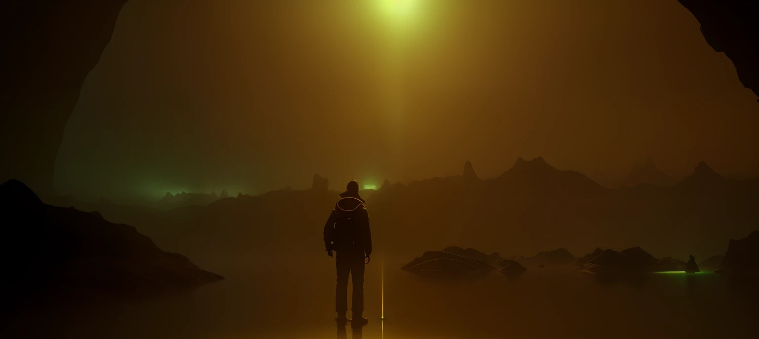 There is a man standing in a dark cave, a lamp shining on him, submerged in a shipwreck, underground, Lovecraftian atmosphere, moody mining planet, outer wilderness, still ethereal, swampy atmosphere, glowing fog intricate, glowing fog, Lovecraftian landscape, yellow volumetric fog, celestial lights, award-winning photography, background bokeh, depth of field, HDR, bloom, chromatic aberration, realistic, very detailed, trends on artstation, CGsociety on trends, intricate, highly detailed, dramatic,