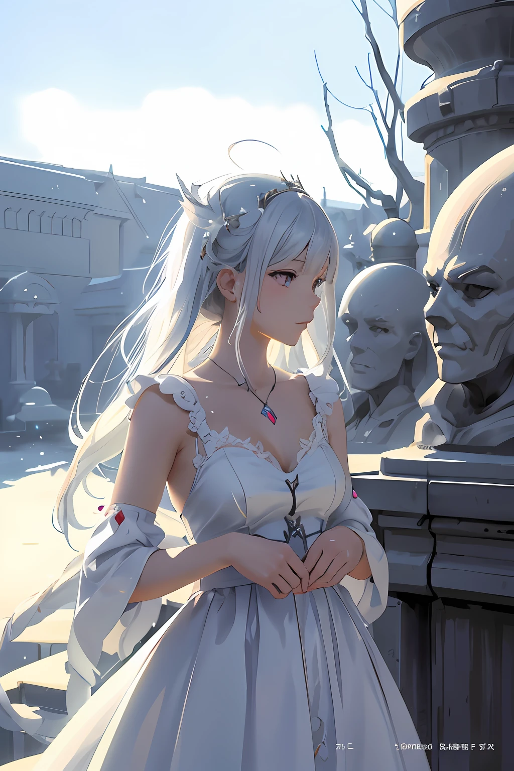 anime girl in a white dress standing next to a busturine, 2. 5 d cgi anime fantasy artwork, artwork in the style of guweiz, guweiz on pixiv artstation, guweiz on artstation pixiv, guweiz, anime fantasy illustration, detailed digital anime art, fanart best artstation, guweiz masterpiece