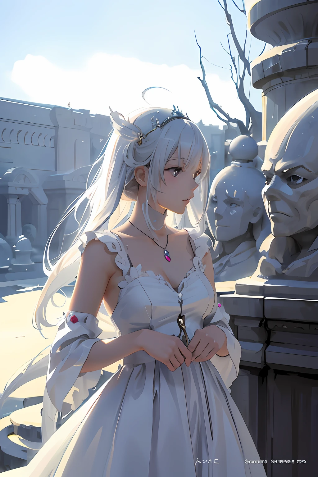 anime girl in a white dress standing next to a busturine, 2. 5 d cgi anime fantasy artwork, artwork in the style of guweiz, guweiz on pixiv artstation, guweiz on artstation pixiv, guweiz, anime fantasy illustration, detailed digital anime art, fanart best artstation, guweiz masterpiece