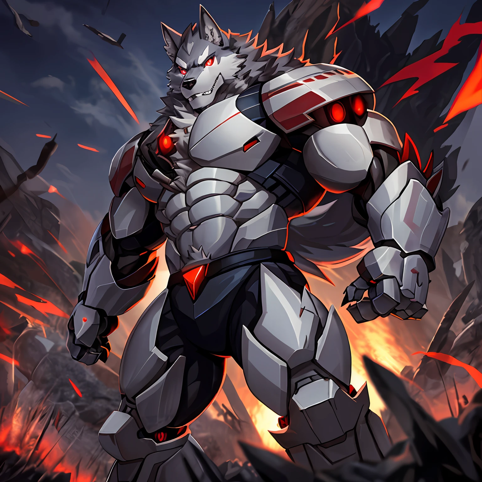 Hungry Wolf, Red Eyes, 3x3 Eyes, Mecha Bullet Stone, Masterpiece, Best Quality, Dusk, Battlefield, Muscle Male, Depth of Field