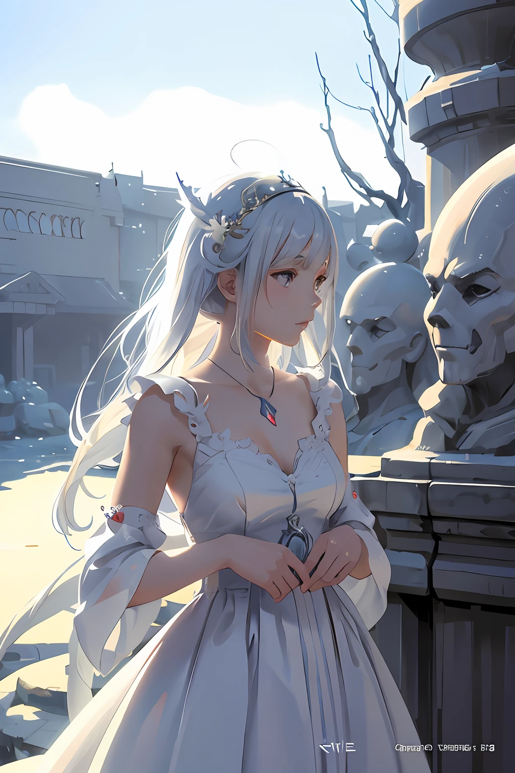 anime girl in a white dress standing next to a busturine, 2. 5 d cgi anime fantasy artwork, artwork in the style of guweiz, guweiz on pixiv artstation, guweiz on artstation pixiv, guweiz, anime fantasy illustration, detailed digital anime art, fanart best artstation, guweiz masterpiece