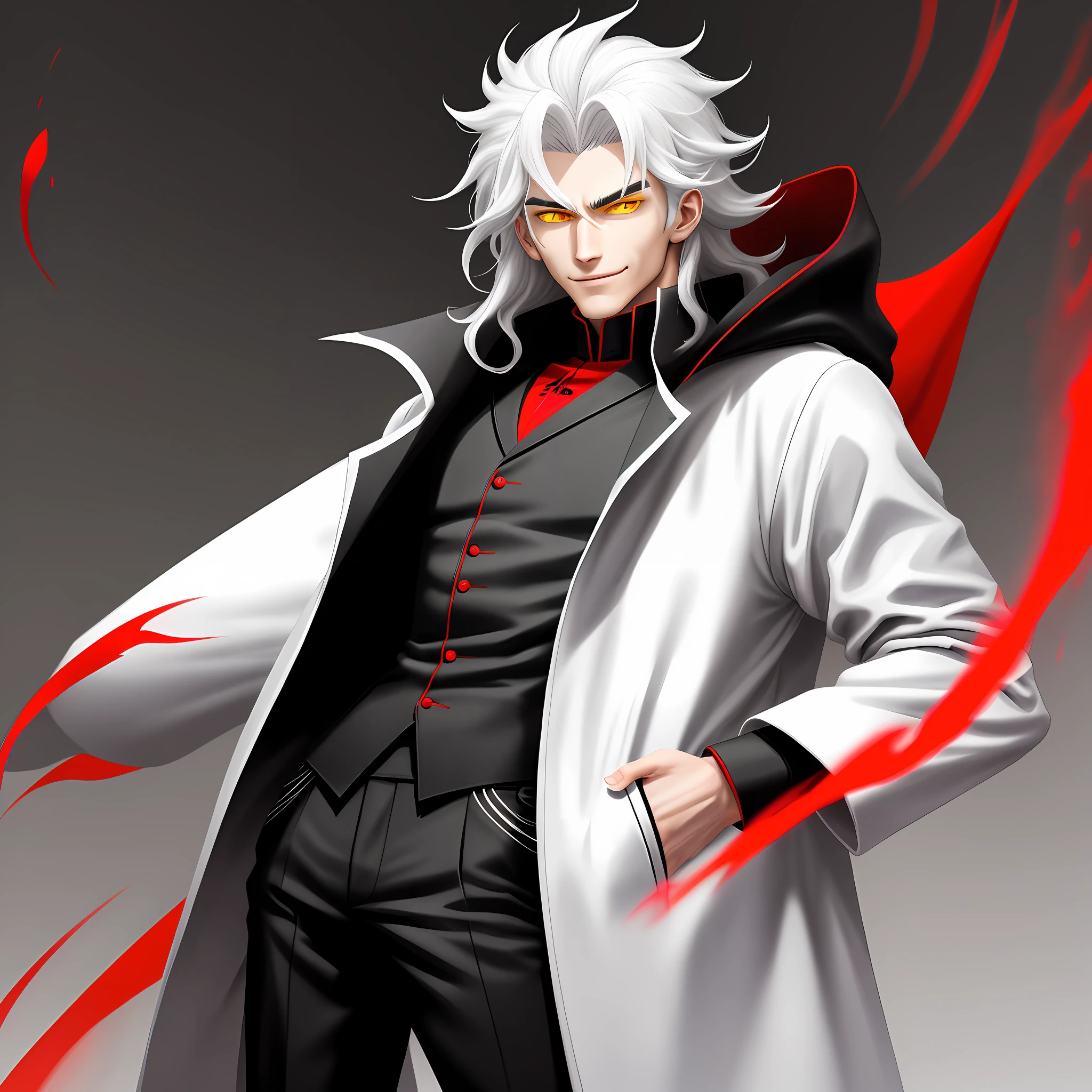 Anos Voldigoad, an anime character standing. Background color is white, red and black. He is 1.80m long in height and his hair and eyebrows colour is white. His eye color is yellow. He is wearing a coat type cloth on and it's colour is  white and black and pant is black. He is smiling like a Demon King.His eyes colour is pure yellow.