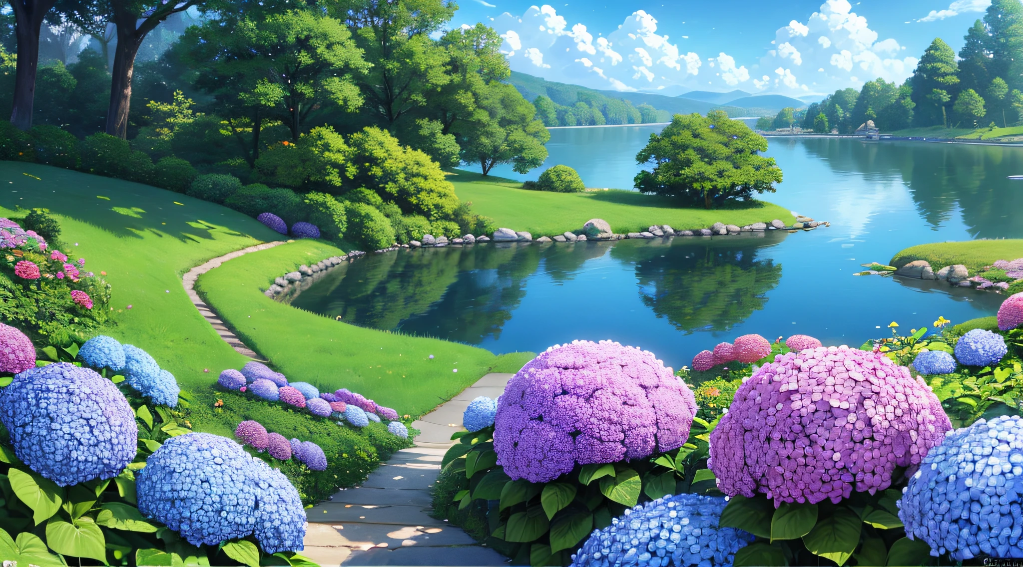 Hydrangeas, park, lake, small hill, pebble path,anime, masterpiece, best quality, anatomically correct, high details, 8K, wallpaper