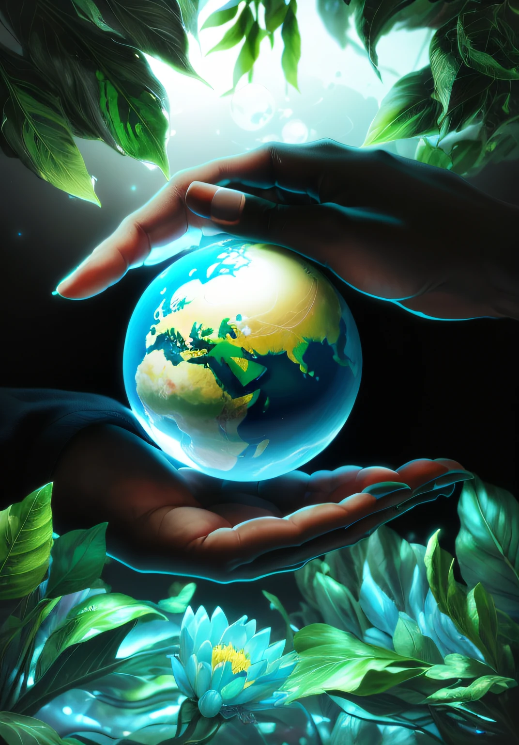 There are two hands holding a small blue earth in front of black background, holding the earth, gently stroking the earth, Mother Earth, holding a planet, with the earth, our planet, world peace, holding a miniature earth in her hand, holding a miniature earth, Melissa Benson, world creation, Whitney Sherman, color illustration, loren monk, earth day poster, (((green spherical earth, transparent plastic, optics, surreal, magic , fantasy, composition, bright, light fluorescence, ultra-detaile, trend in artstation, octane rendering,))),futuristic,dark green plants,blue flowers,blue,green,transparent,white background,center composition,,super high detail,4k,flat illustration, 3d, blender, Masterpiece, super detail, best quality