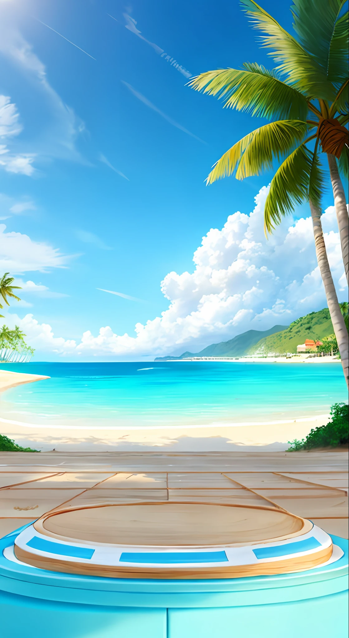 beach, sand, coconut tree, sailing in the distance, hd, masterpiece, 8k, bright scene, full light, model background, blue sky, in the daytime, shooting background, cute scene