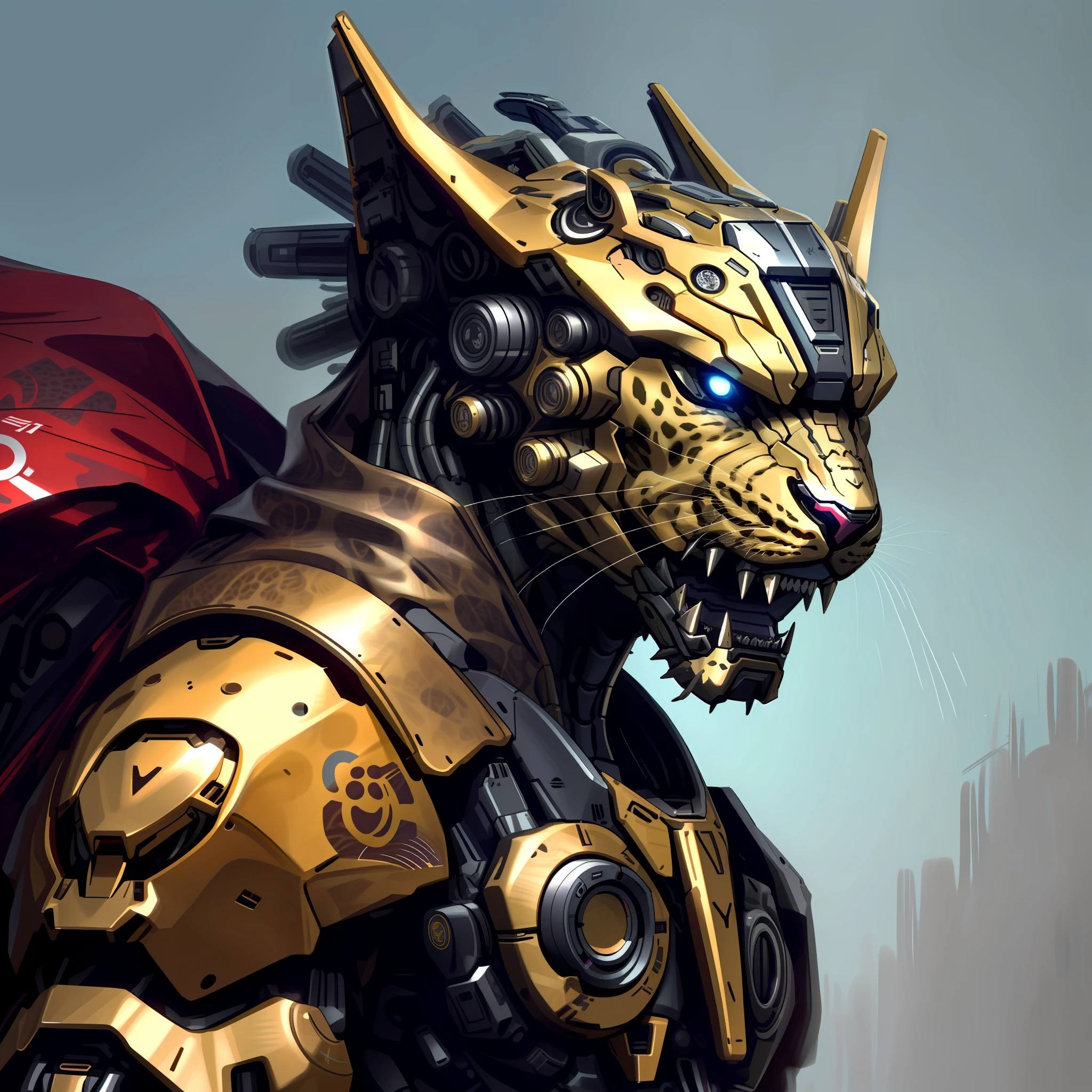 Yorkshire Terrier (robot) leopard as a doomsday killer, realistic sci-fi power armored robot, mecha, half-body, complex mechanical structure and line dew, metallic texture, close-up portrait, leopard head machine body