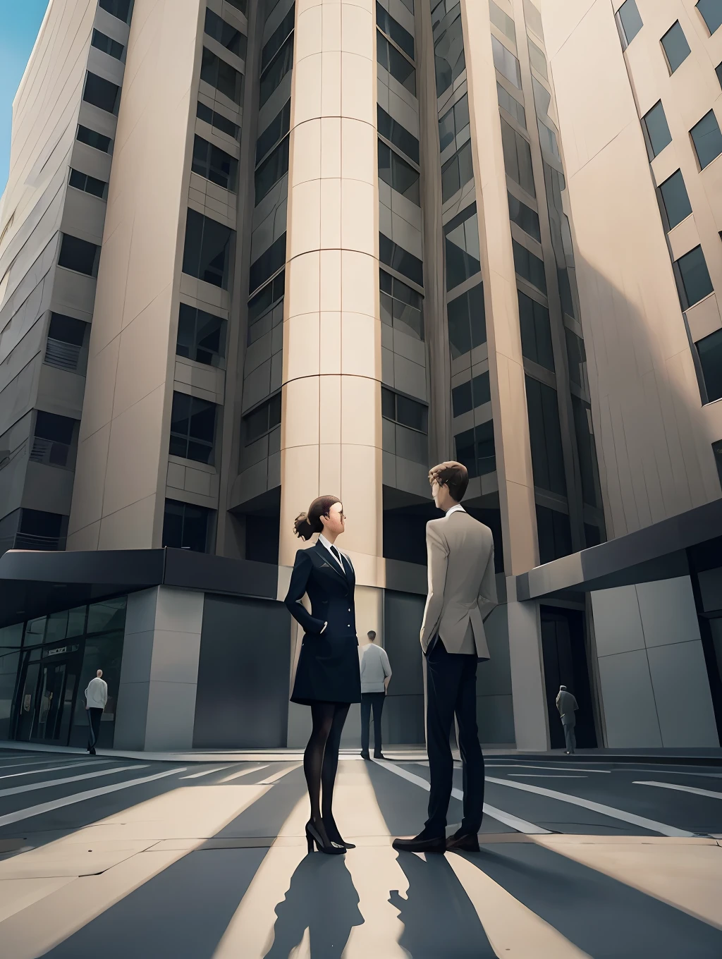 The cover image of chapter 4 of the book would be a representation of the trio of friends standing in front of a NeuroTech building, with their hands in their pockets and looking anxiously into the building. In the background, we can see the silhouette of a mysterious company, symbolizing the unknown danger they are about to face. The image conveys the tension and imminent danger as the trio prepares for yet another battle in the fight against corporate corruption.