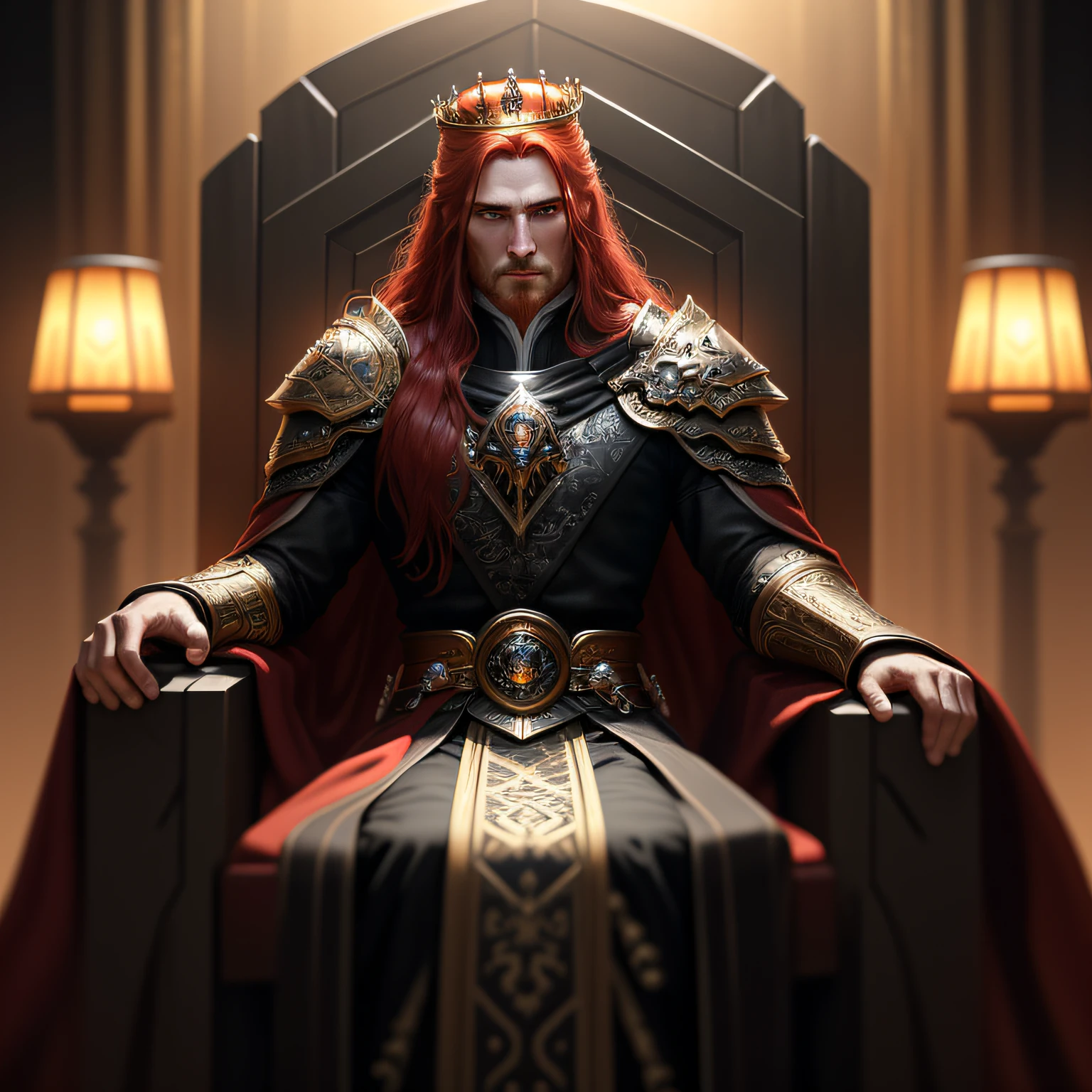 A (full body: 1.3) shot in 8k resolution, best quality masterpiece, photorealistic, intense visual, anatomical photorealistic digital painting portrait of one (closeup of a man, with crown: 1.3) in (black intricate light armor: 1.3) in a (throne room environment: 1.3), no beard, light particle, very detailed skin, very detailed eyes,  (Elden Ring style: 1.3), long red hair, concept artist, global lighting, depth of field, splash art