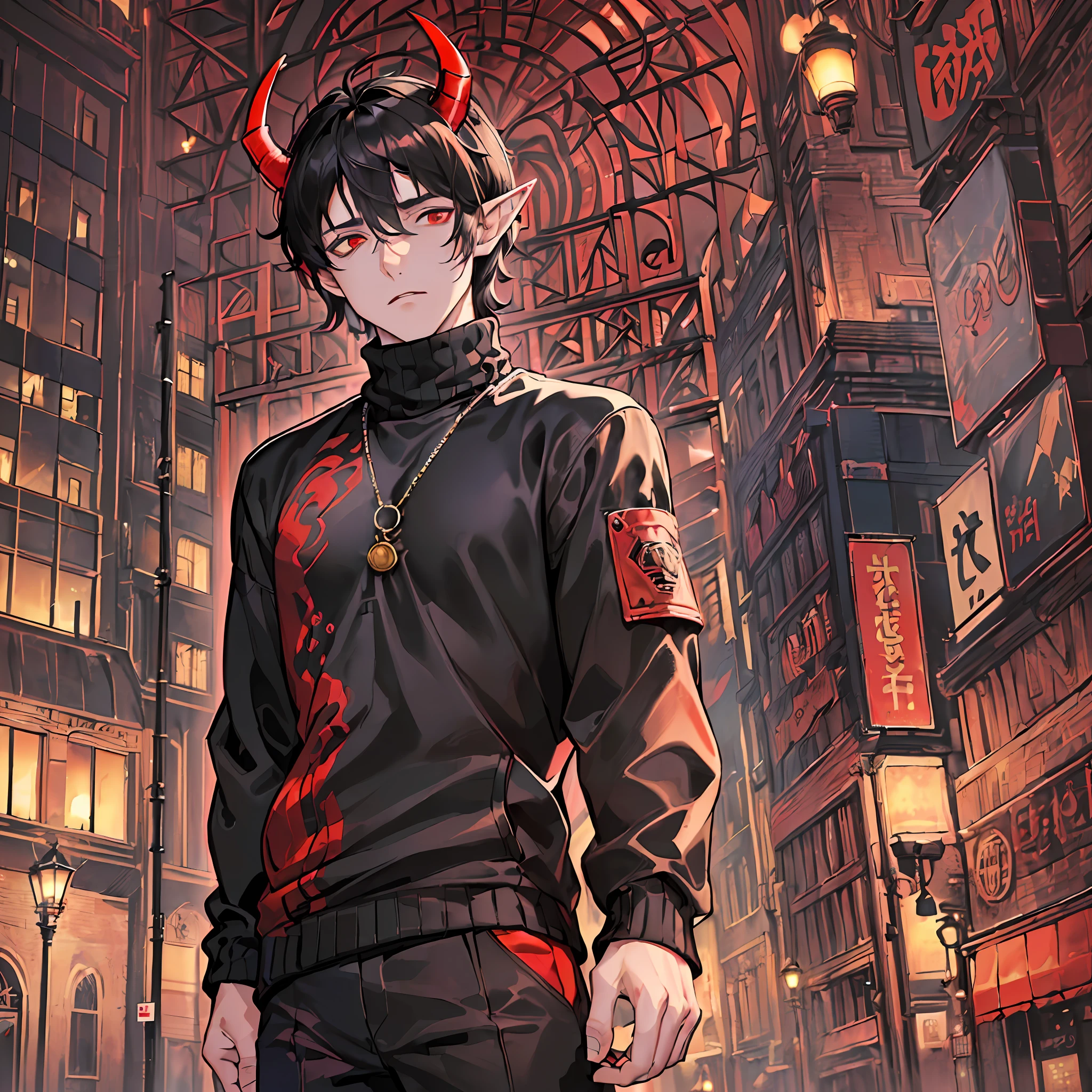 ((highest quality, masterpiece, 4k, finely detailed, detailed eyes, detailed face, intricate details, gelbooru, pixiv)), warm lighting, idol, ((solo)), 1 male, (handsome, masculine, adult man, broad shoulders, tall guy, thin body), ((black hair, messy hair, short hair, bangs)), light skin, sharp features, (elf ears), ((baggy clothes, oversized clothes)), ((demon horns color fading from black to red)), ((sharp eyes, red eye color, tired expression, looking at viewer)), dynamic pose, city background, night sky, moon night, ((turtleneck sweater, loose pants, oversized parka))