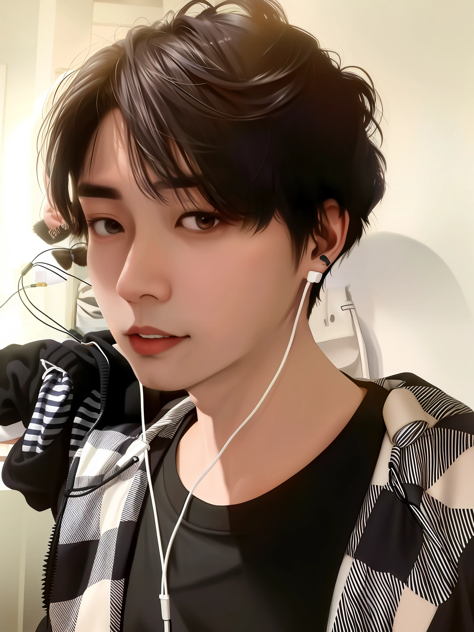 arafed man with earphones and a plaid shirt in a room, hong june hyung, taejune kim, jinyoung shin, yanjun chengt, hyung tae, jaeyeon nam, male ulzzang, by Kanbun Master, black haired yoongi, with head phones, seseon yoon, with short hair, with headphones, inspired by jeonseok lee, jungkook