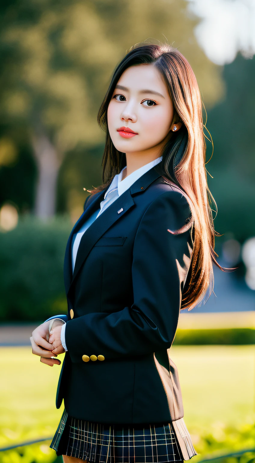 Best Quality, Masterpiece, 1 Girl, Beautiful Face, (Photorealistic Photos:1.3), Rim Lighting, (High Detail Skin:1.2), 8K UHD, DSLR, High Quality, High Resolution, 4K, 8K, Bokeh, Absurdity, Best Ratio Four Fingers and One Thumb, (Real:1.3), Cute One Girl, Wearing Black Formal Blazer, Midchest, Short Skirt,Fashionable Attire