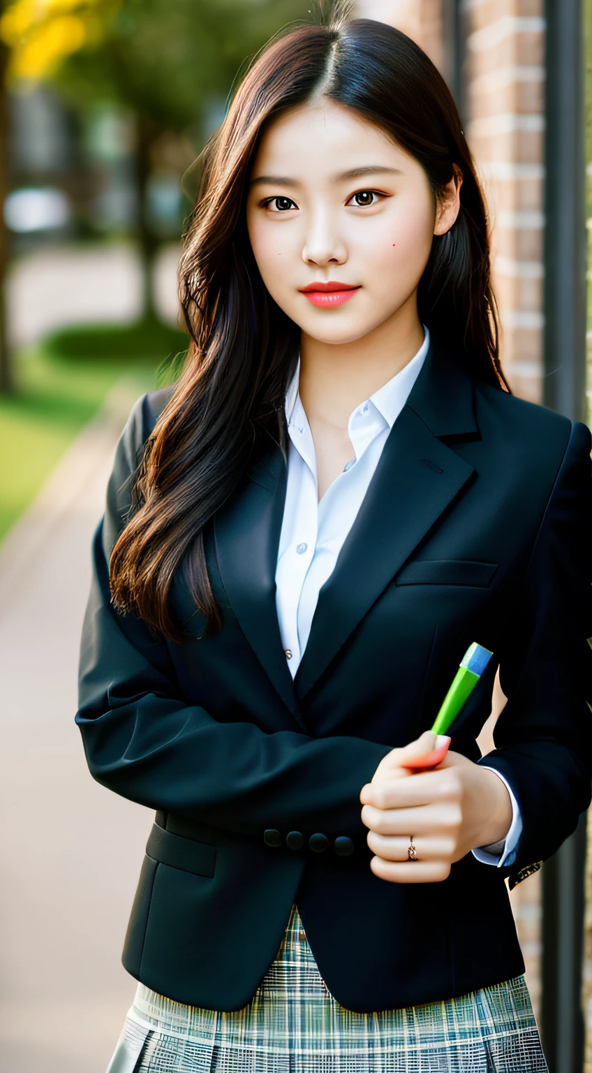 Best Quality, Masterpiece, 1 Girl, Beautiful Face, (Photorealistic Photos:1.3), Rim Lighting, (High Detail Skin:1.2), 8K UHD, DSLR, High Quality, High Resolution, 4K, 8K, Bokeh, Absurdity, Best Ratio Four Fingers and One Thumb, (Real:1.3), Cute One Girl, Wearing Black Formal Blazer, Midchest, Short Skirt,Fashionable Attire