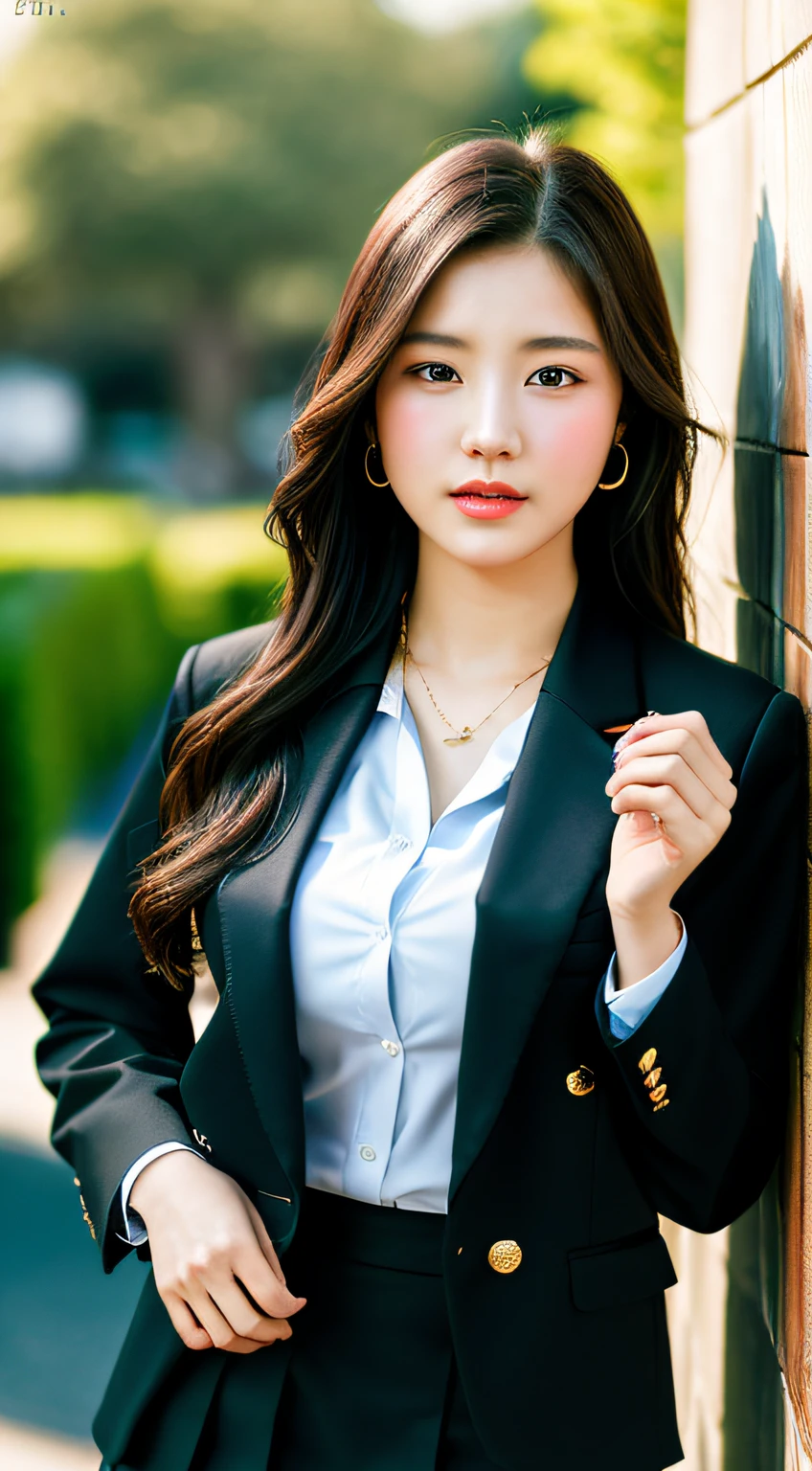 Best Quality, Masterpiece, 1 Girl, Beautiful Face, (Photorealistic Photos:1.3), Rim Lighting, (High Detail Skin:1.2), 8K UHD, DSLR, High Quality, High Resolution, 4K, 8K, Bokeh, Absurdity, Best Ratio Four Fingers and One Thumb, (Real:1.3), Cute One Girl, Wearing Black Formal Blazer, Midchest, Short Skirt,Fashionable Attire