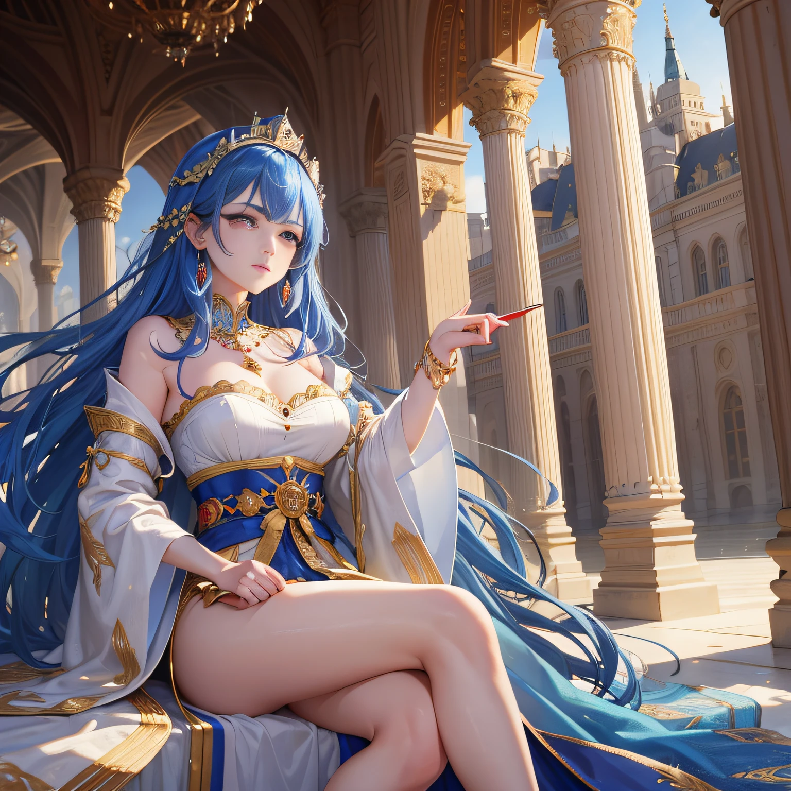 "((Masterpiece)), Best Picture Quality, Delicate Depiction, Queen in a Palace, Majestic and Noble, Wearing a Royal Robe, , HD Facial Close-Up, Youth Blue Hair, Pure Red Eyes, Crown and Earrings, Scepter." Ultra-clear 8K picture quality, high heels, showing no legs